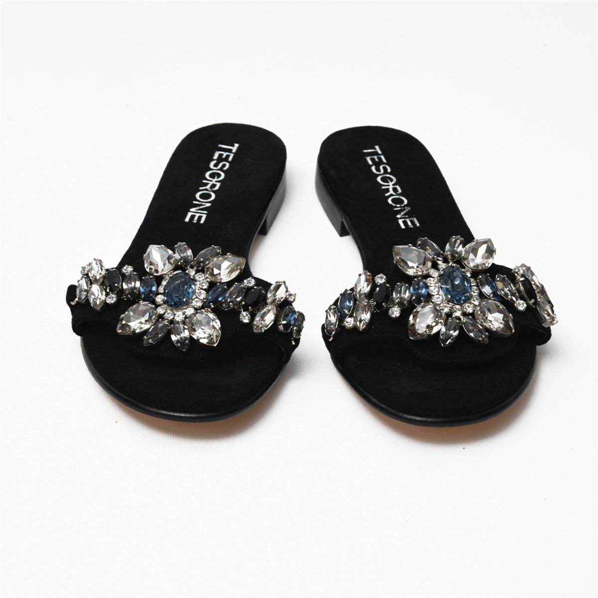 Tesorone Swarovski Taşlı Kösele Tabanlı Deri Terlik (T309B)