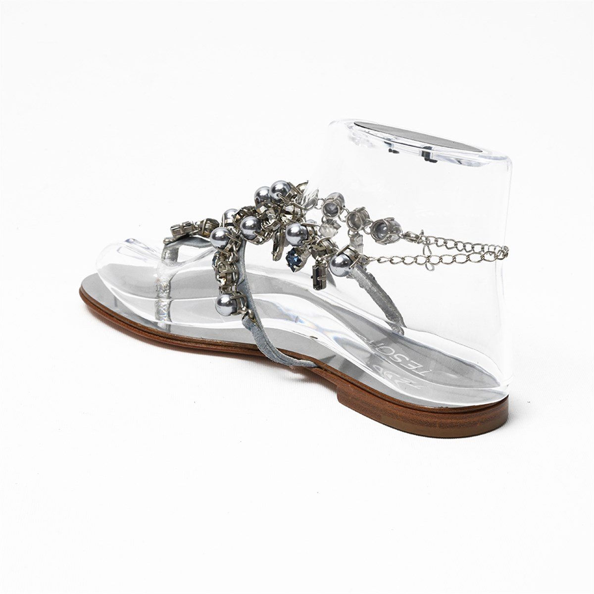 Tesorone Swarovski Taşlı Kösele Tabanlı Deri  Sandalet (T050P)