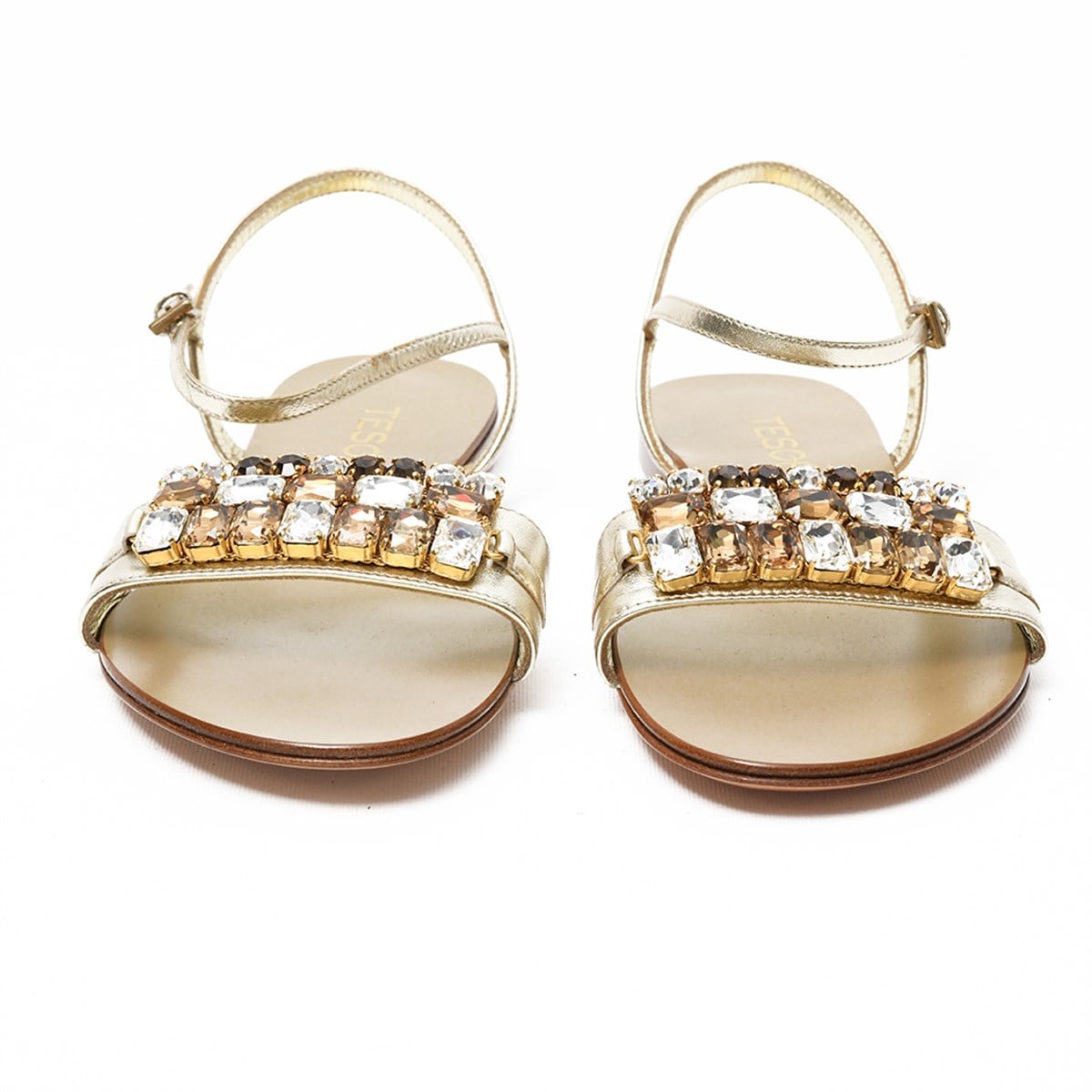 Tesorone Swarovski Taşlı Kösele Tabanlı  Deri Sandalet (T080M)