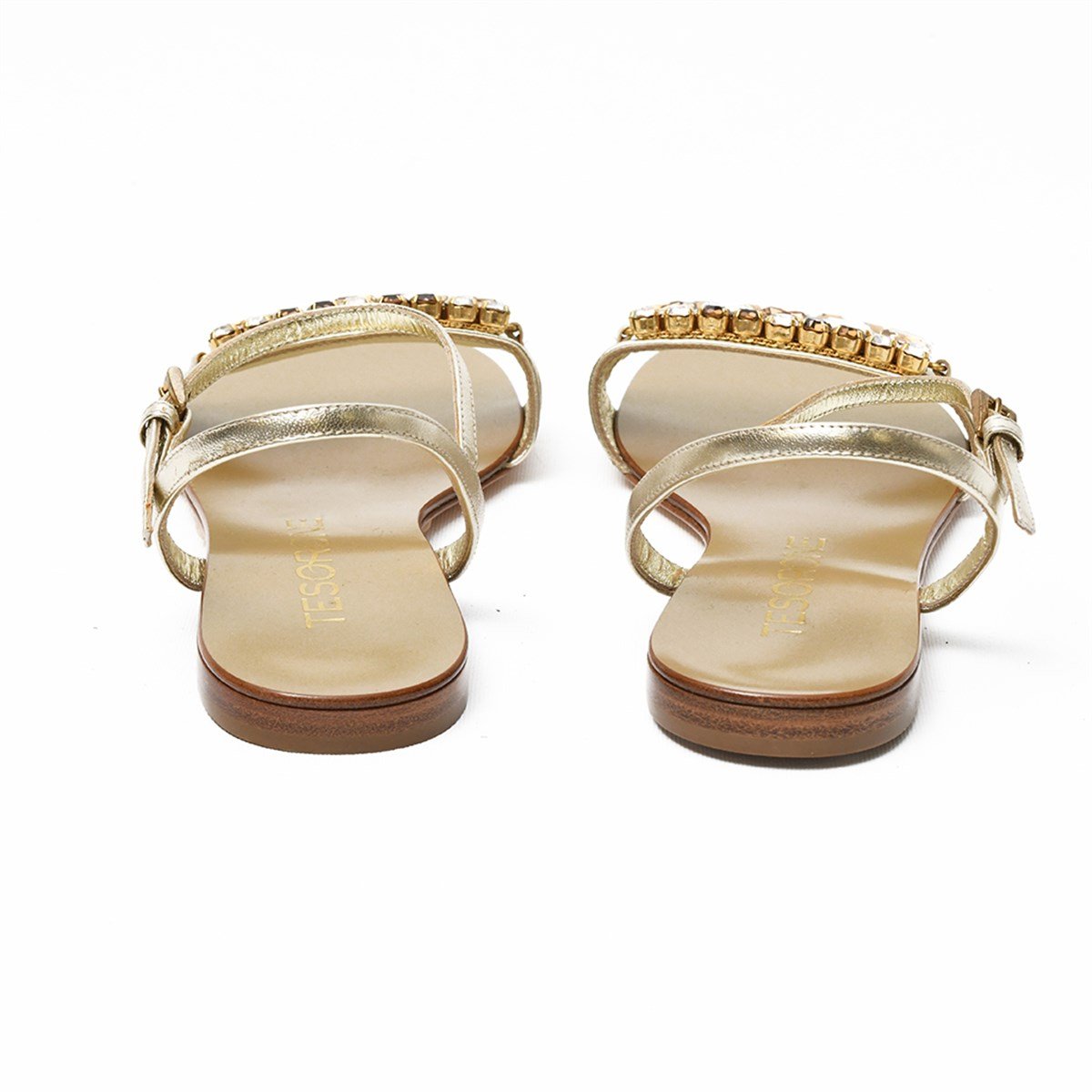 Tesorone Swarovski Taşlı Kösele Tabanlı  Deri Sandalet (T080M)