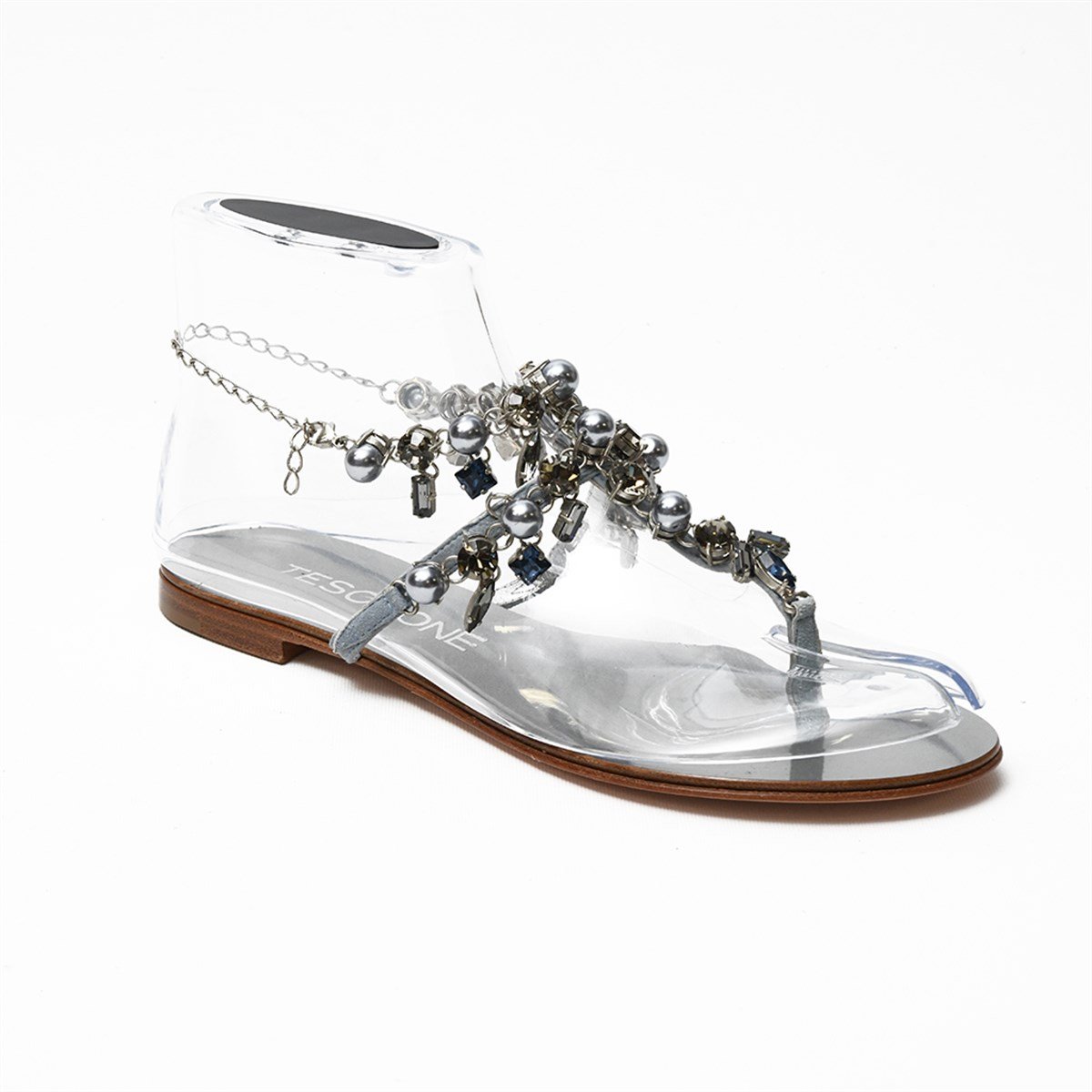 Tesorone Swarovski Taşlı Kösele Tabanlı Deri  Sandalet (T050P)