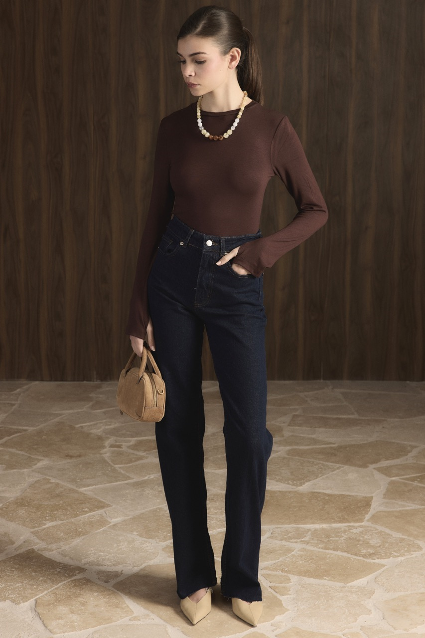 Balıkçı Yaka Basic Body - Kahve