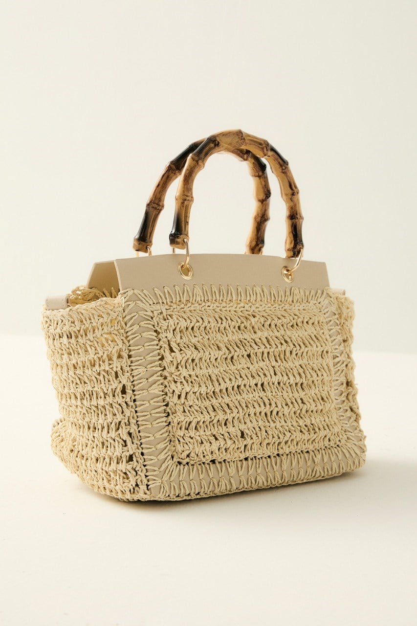 Bambu Saplı Hasır Çanta - Bej