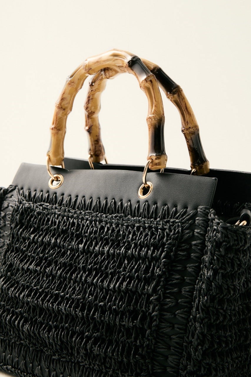 Bambu Saplı Hasır Çanta - Siyah