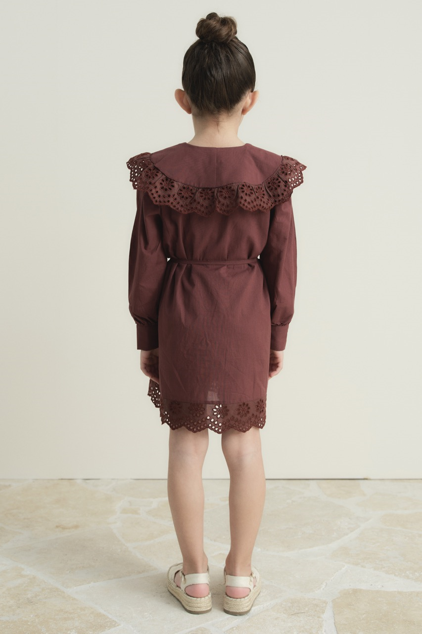 Brode Detay Pamuklu Çocuk Elbise - Vişne