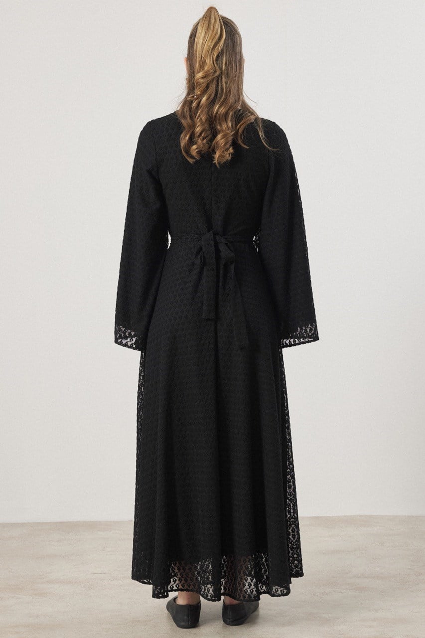 Degaje Yaka Dantel Elbise - Siyah