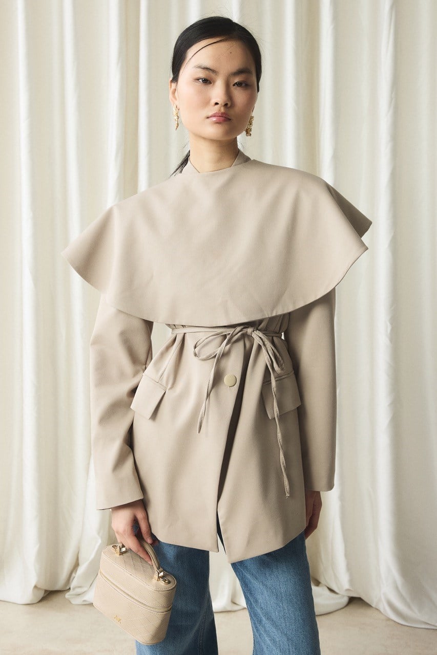 Fularlı Double Blazer Ceket - Bej