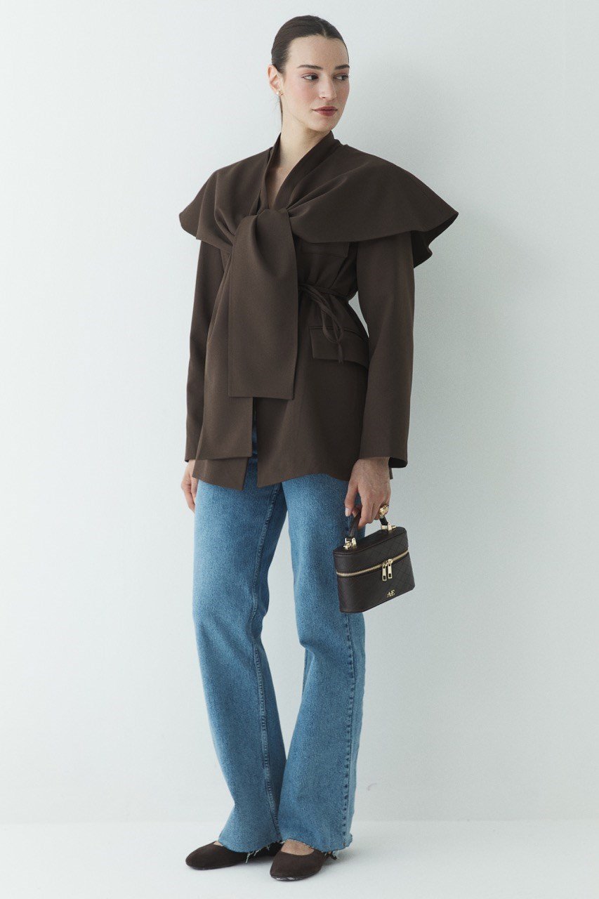 Fularlı Double Blazer Ceket - Kahve