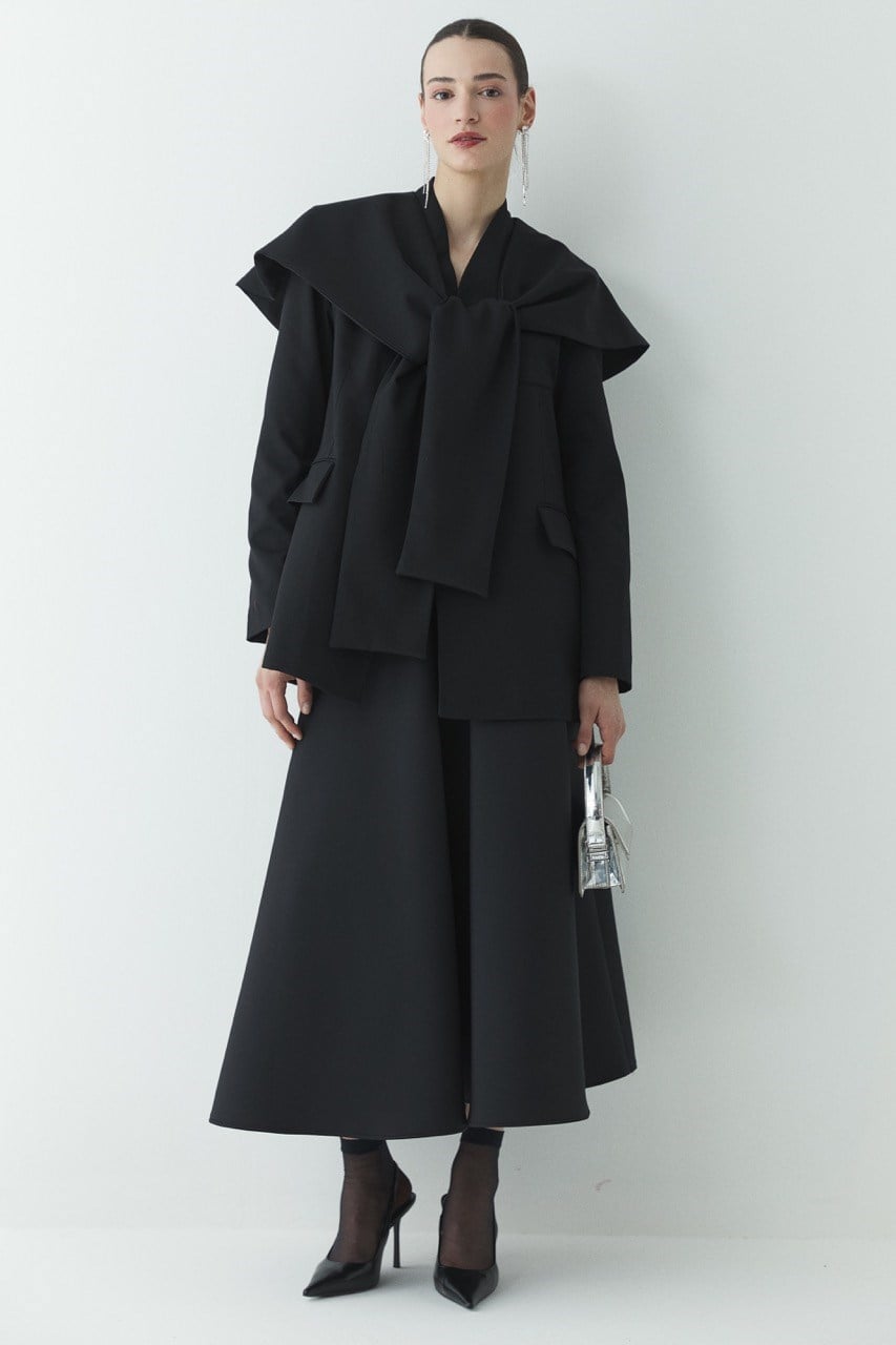 Fularlı Double Blazer Ceket - Siyah