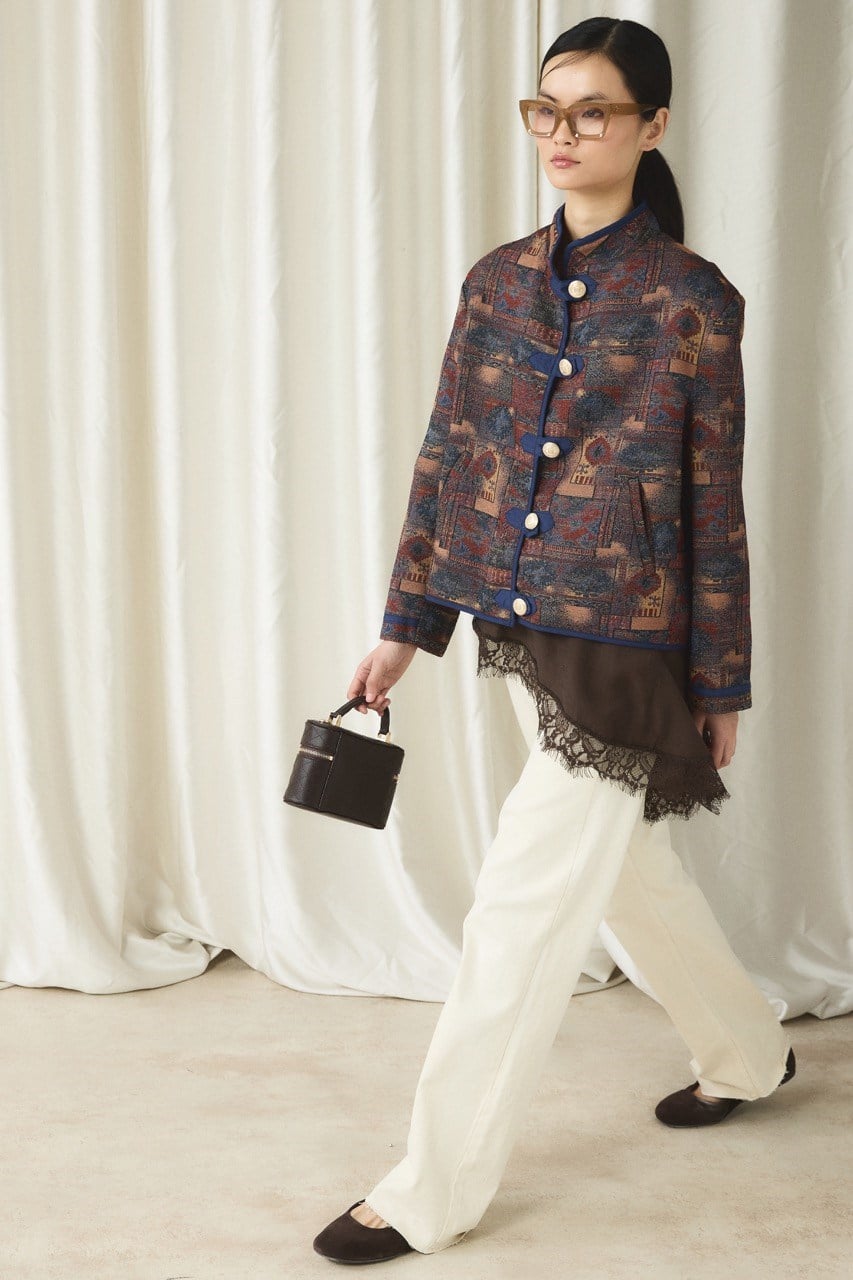 Gold Düğmeli Jakar Ceket - toprak