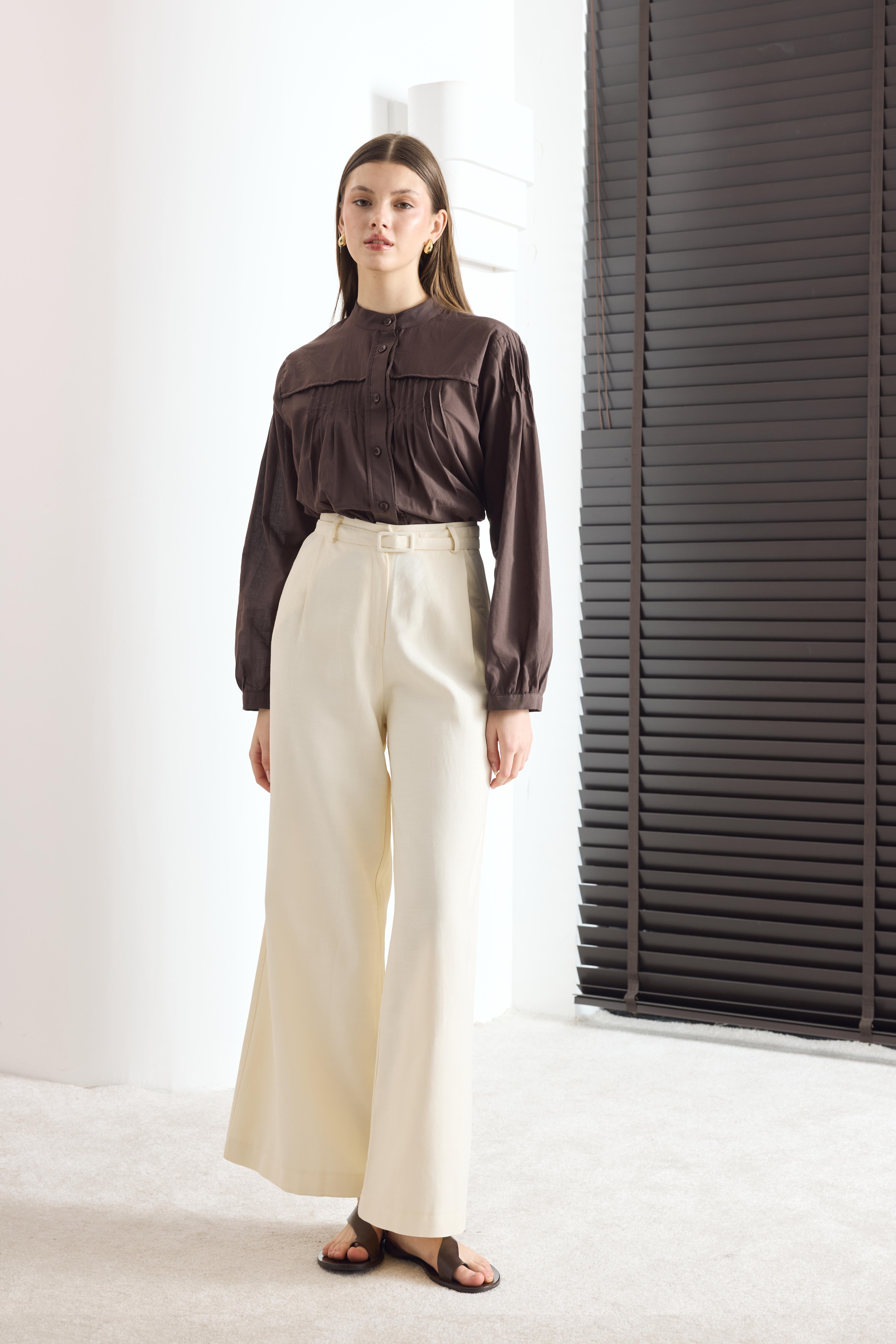 Kemerli Basic Keten Pantolon - Sarı