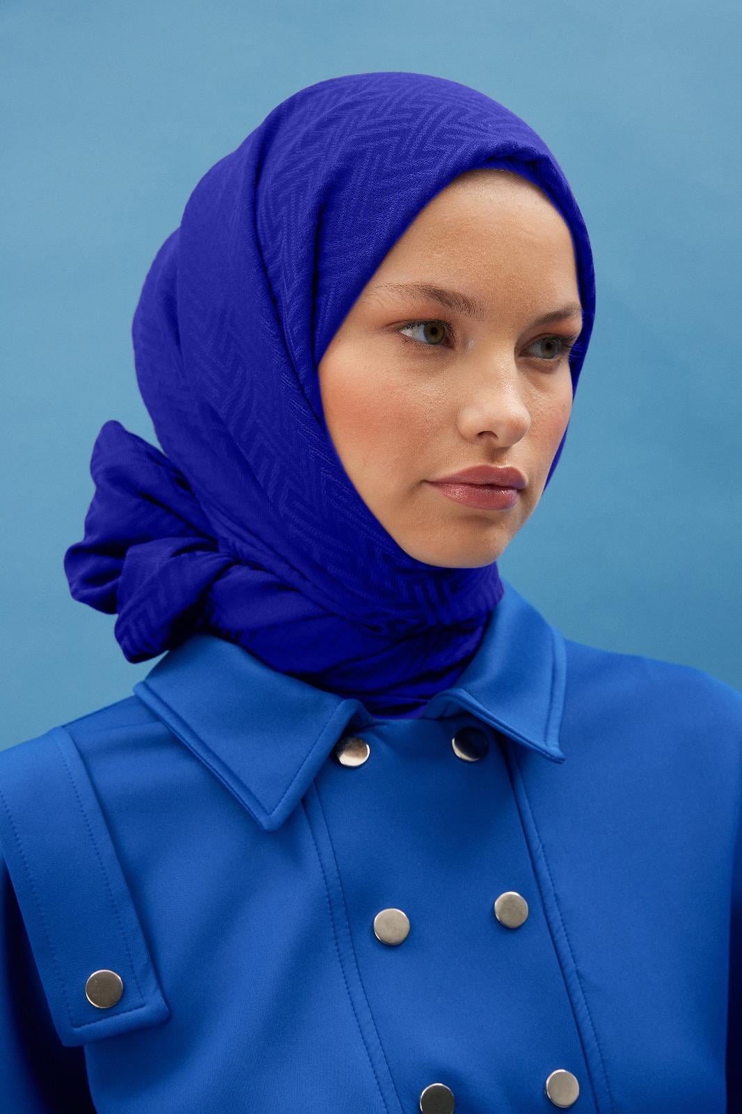 Labirent Desen Kaşmir Pamuklu Şal - saks mavisi