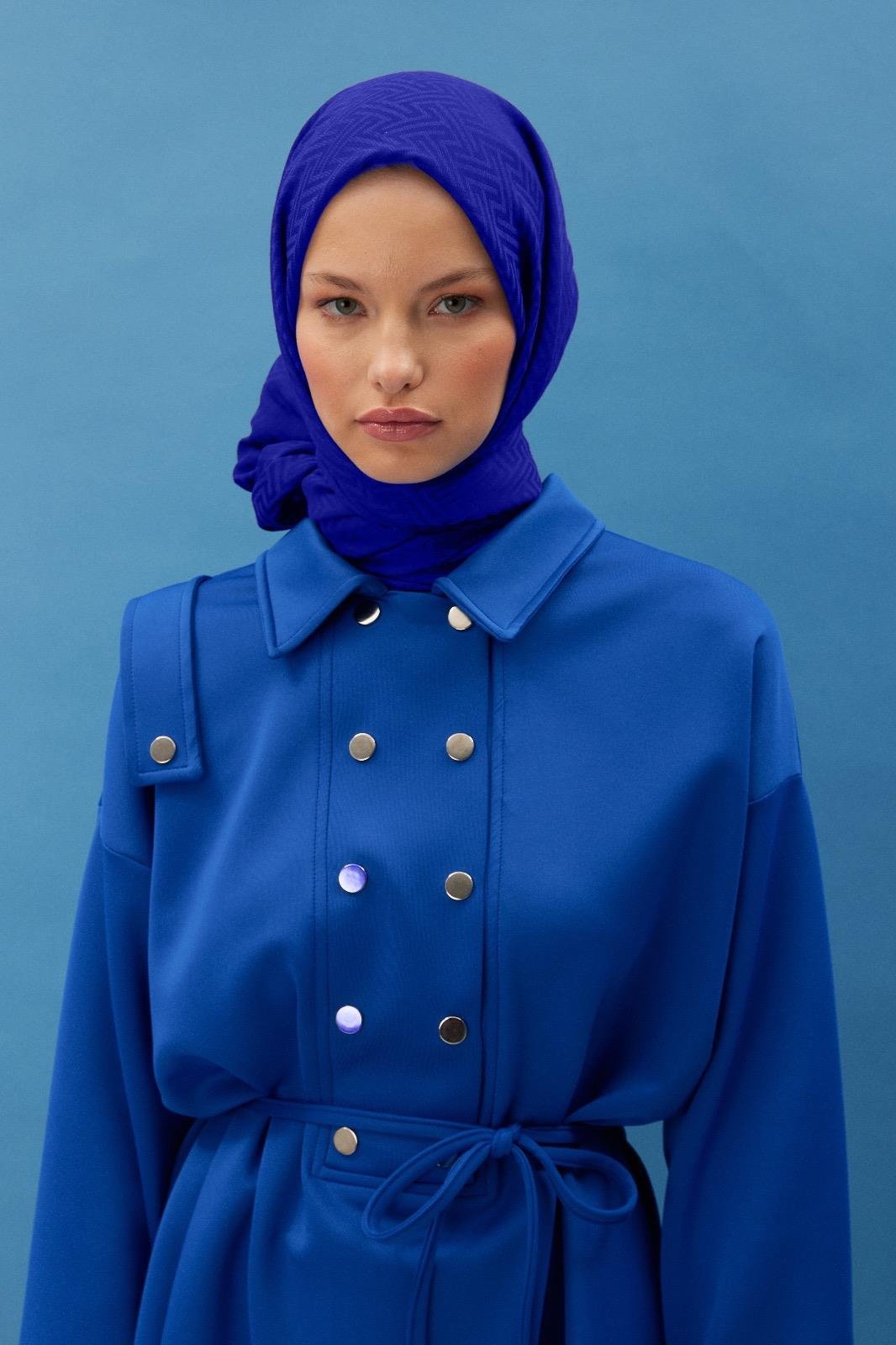 Labirent Desen Kaşmir Pamuklu Şal - saks mavisi