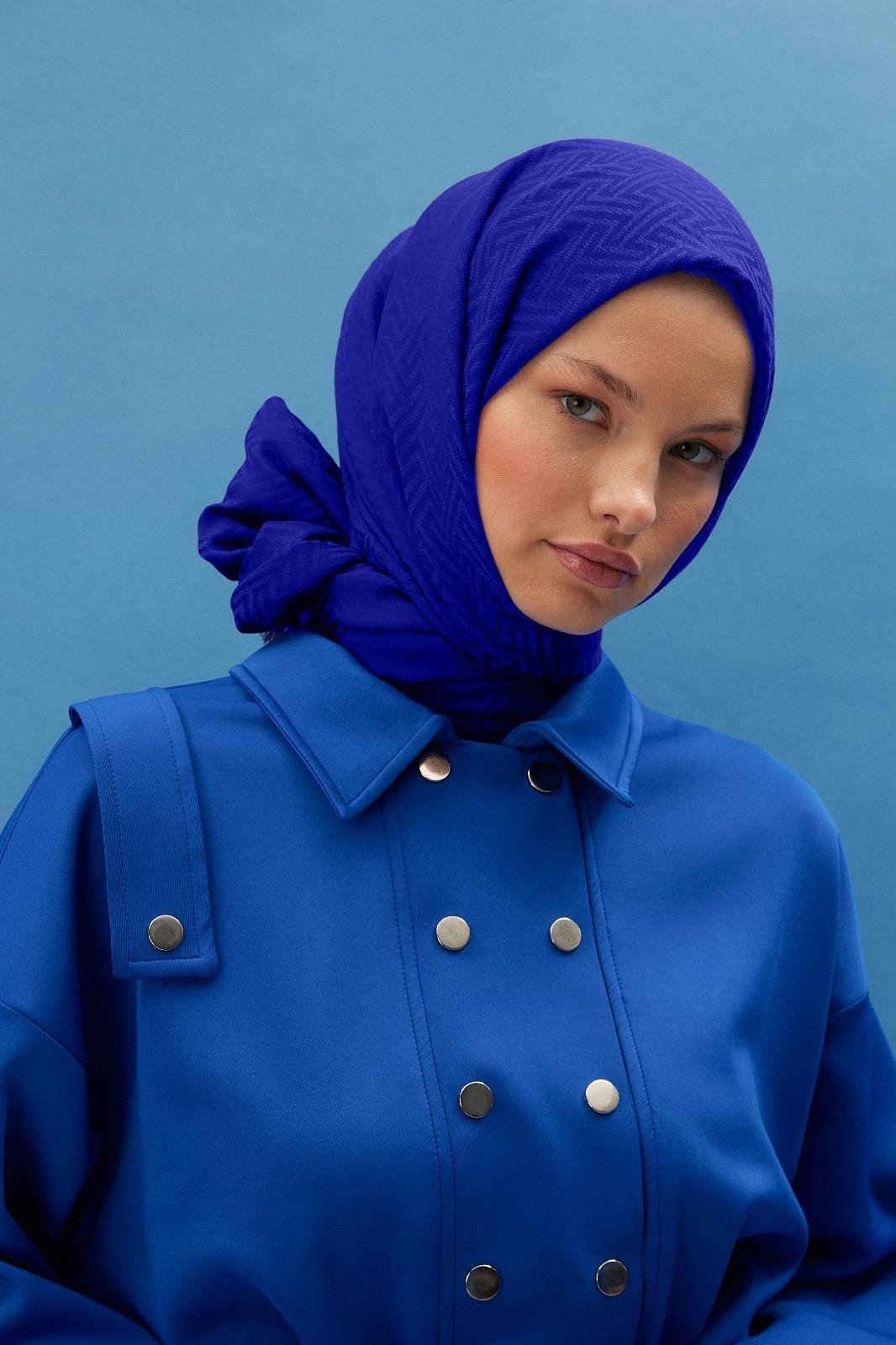 Labirent Desen Kaşmir Pamuklu Şal - saks mavisi