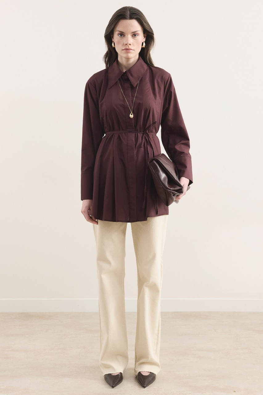 Önü Pileli Dacron Gömlek - Bordo