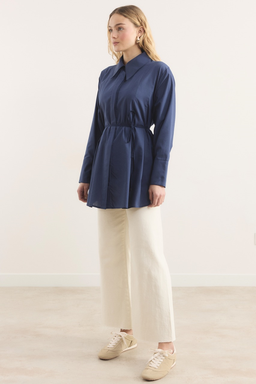 Önü Pileli Dacron Gömlek - Lacivert