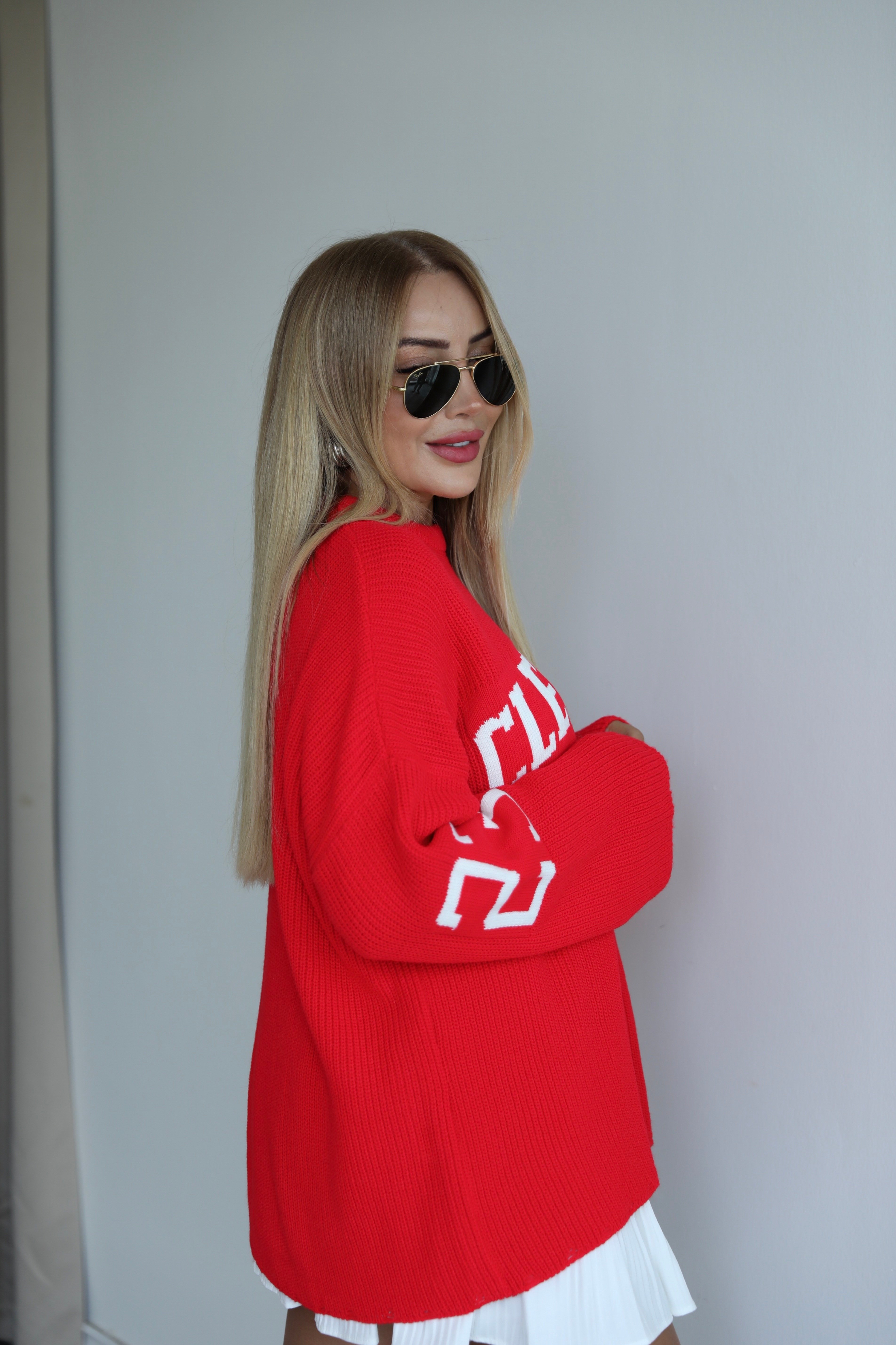 Açık Kırmızı Yazı Detaylı Oversize Kazak