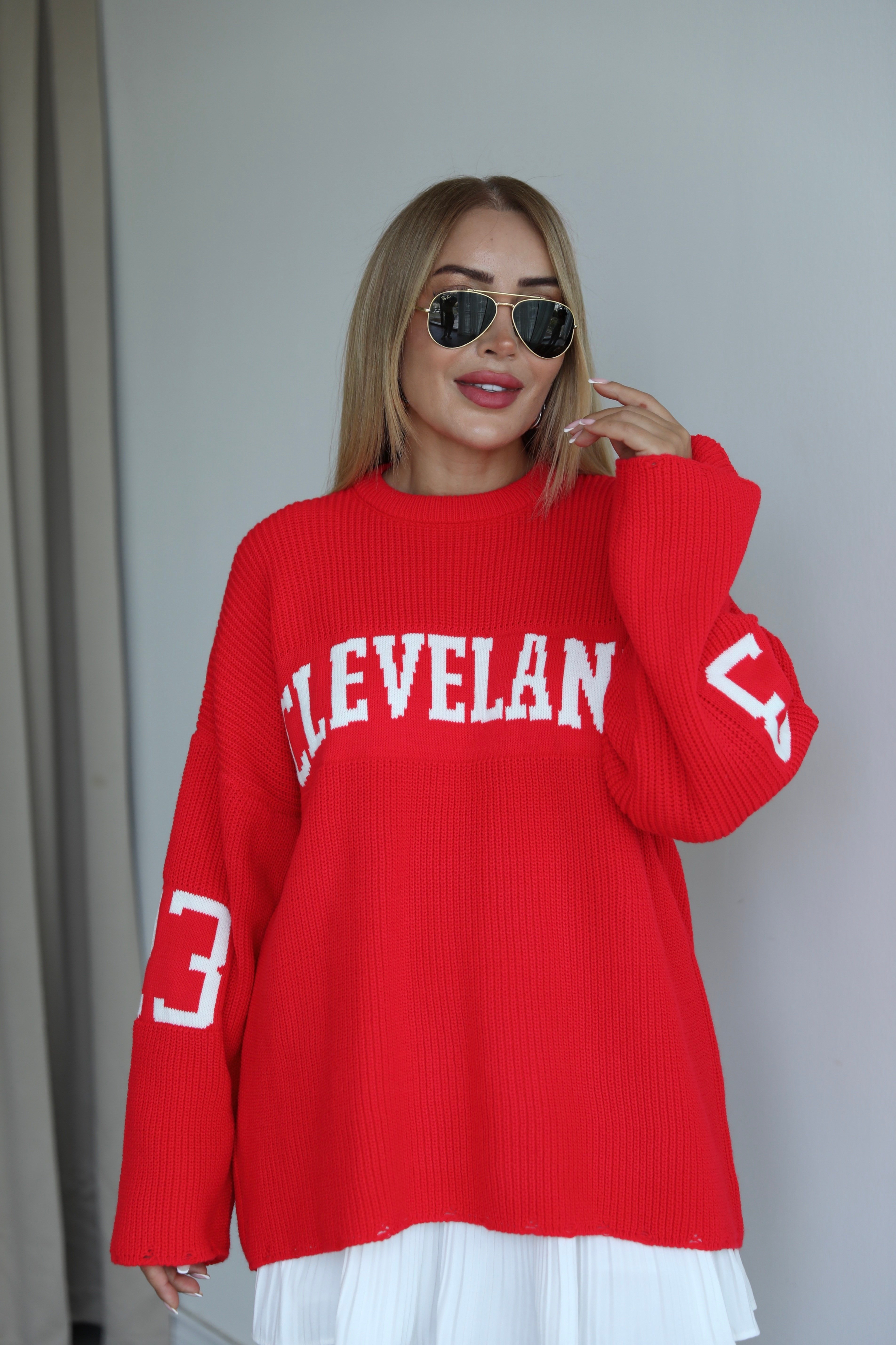 Açık Kırmızı Yazı Detaylı Oversize Kazak