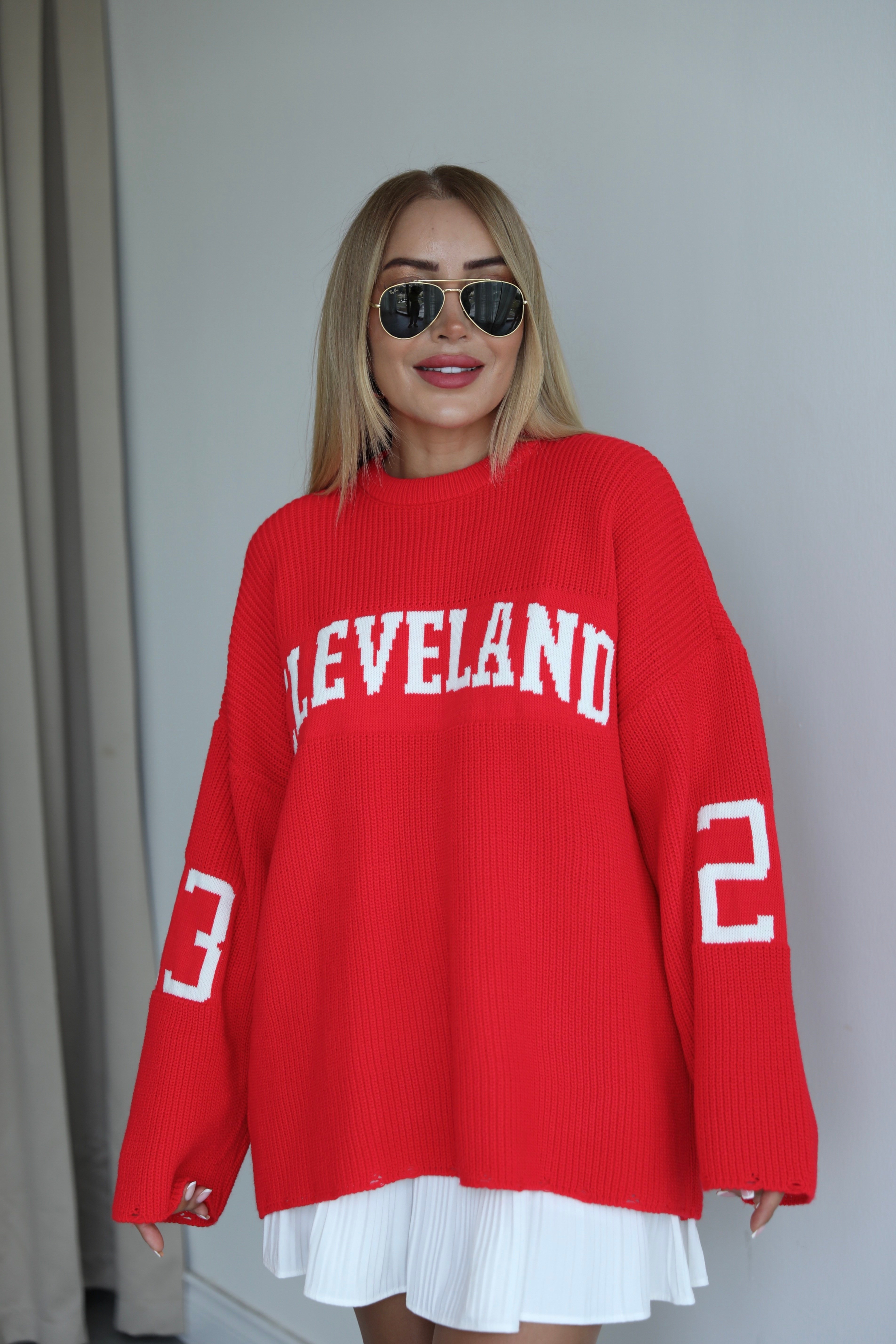 Açık Kırmızı Yazı Detaylı Oversize Kazak