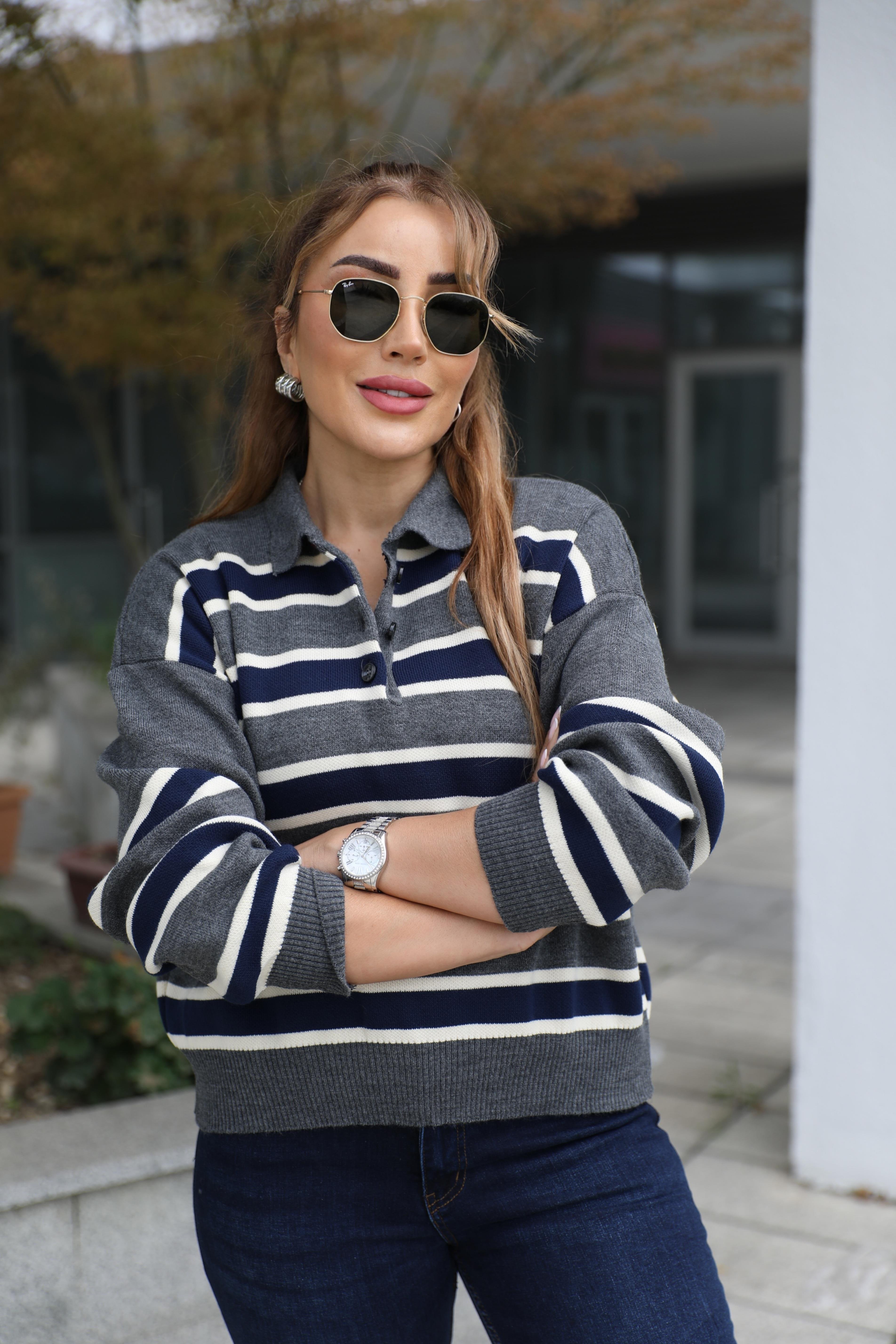 Antrasit Çizgili Polo Yaka Triko