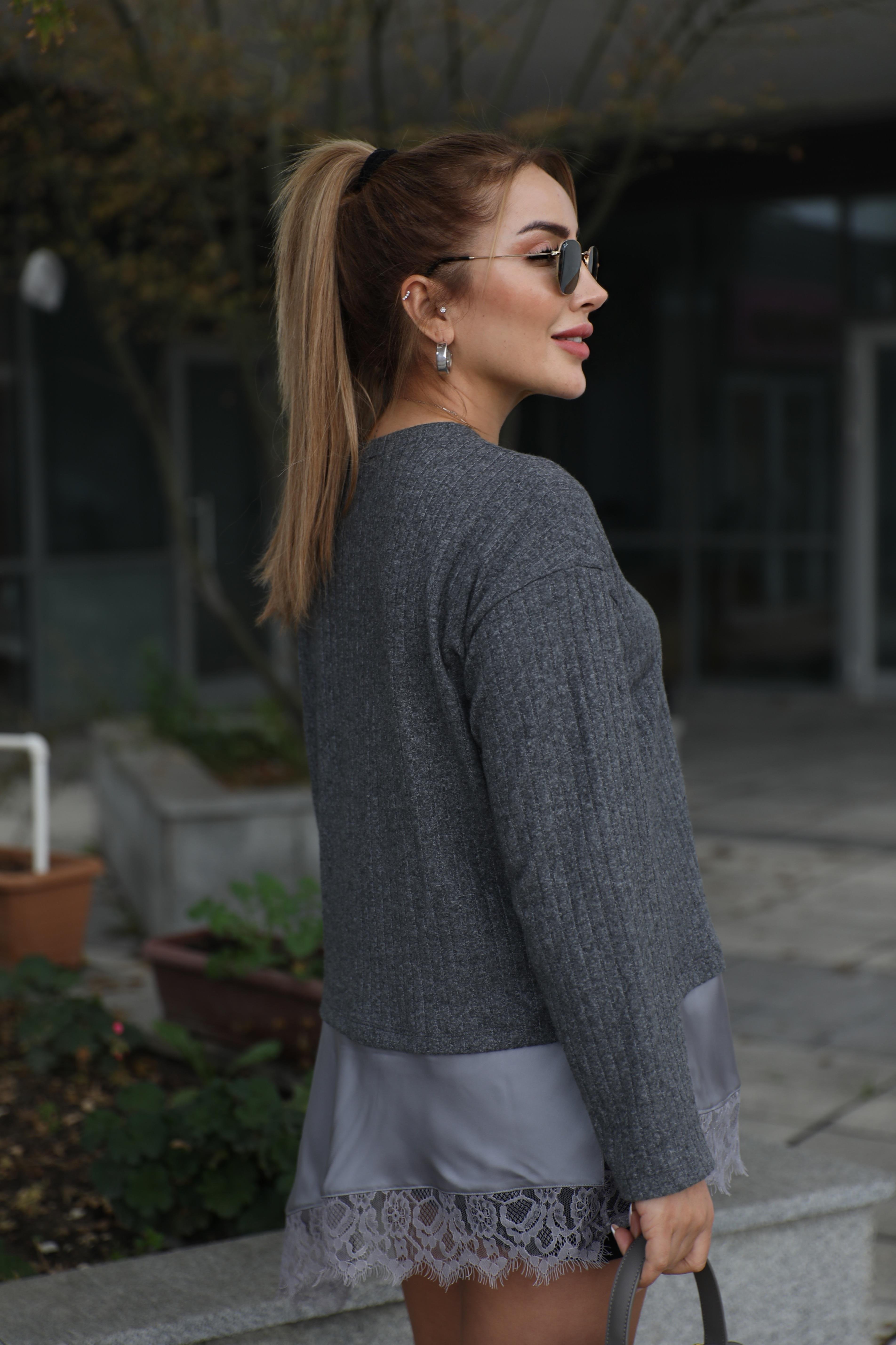 Antrasit Detaylı Triko Bluz