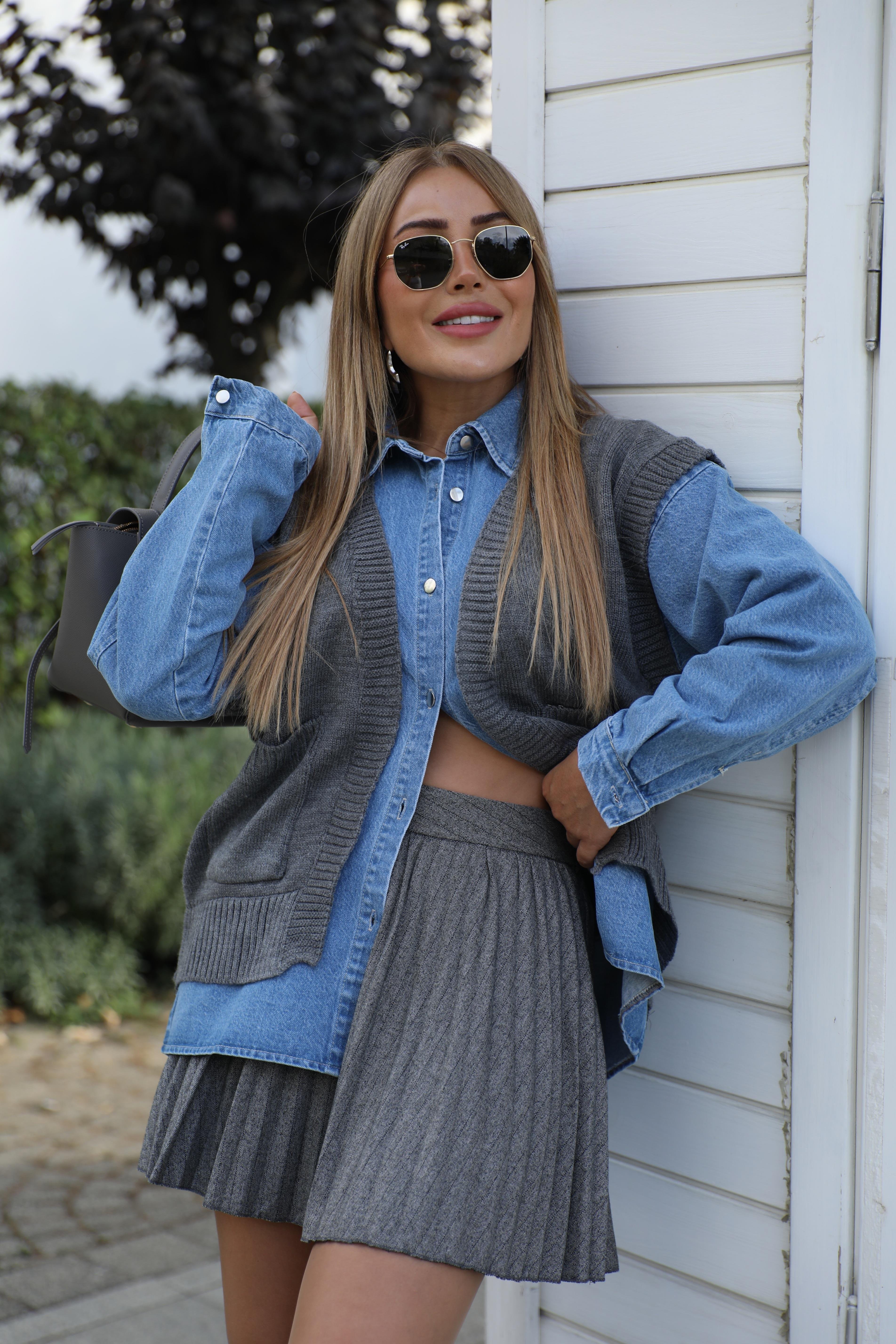 Antrasit Ekoseli Şort Etek