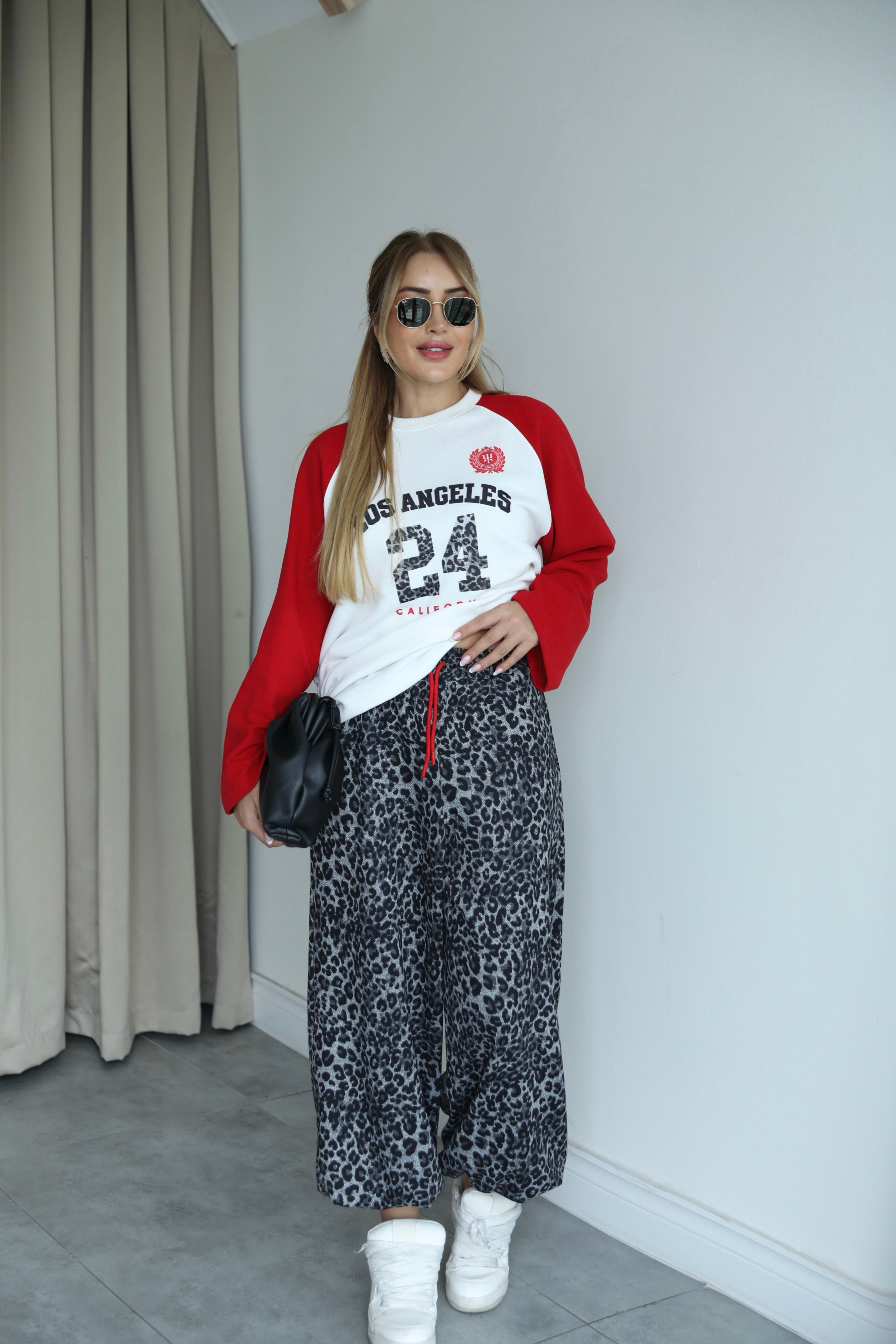 Antrasit Leopar Desenli Sweat Şalvar Pantolon Takım 
