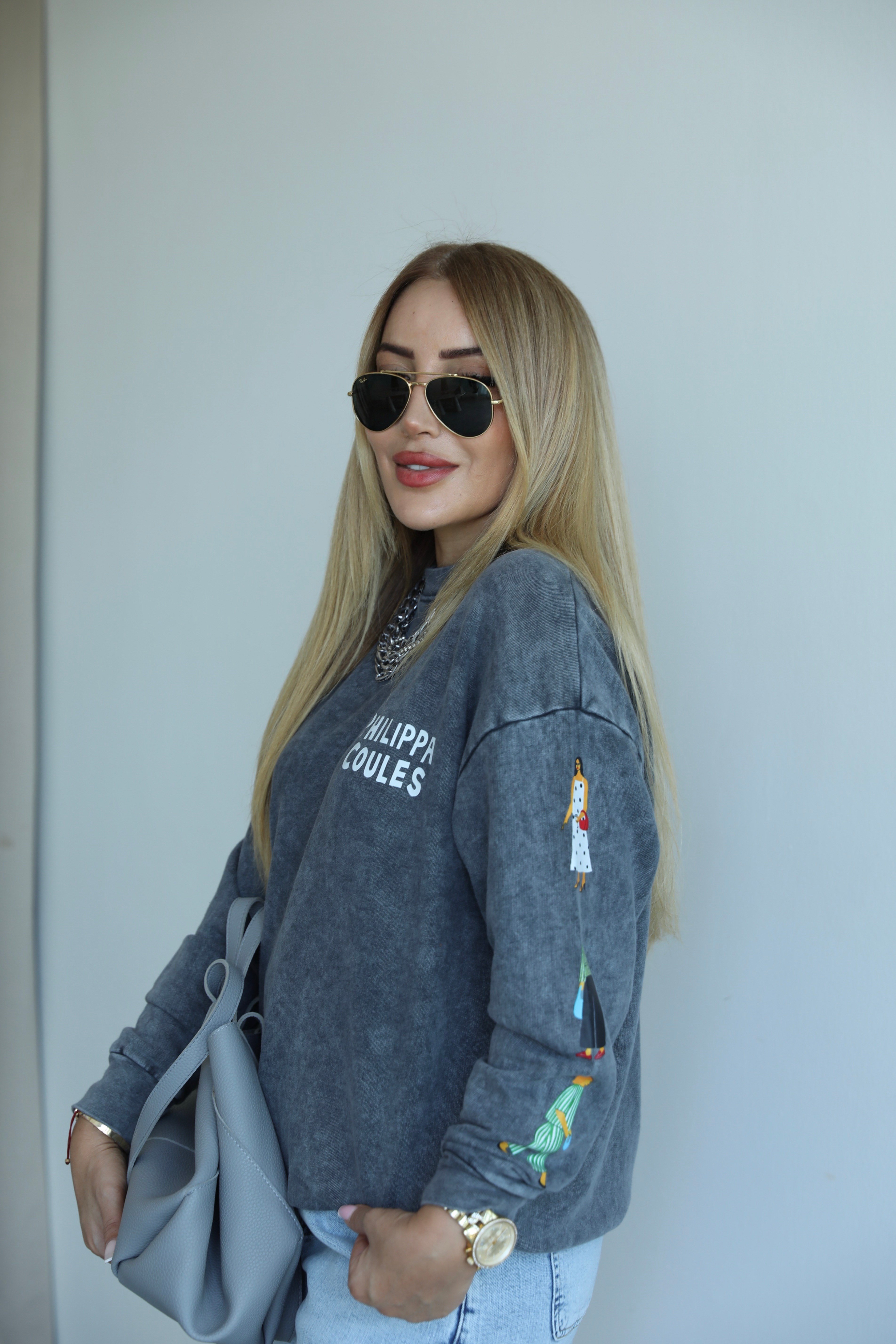 Antrasit Sırt Baskılı Baskılı Sweat