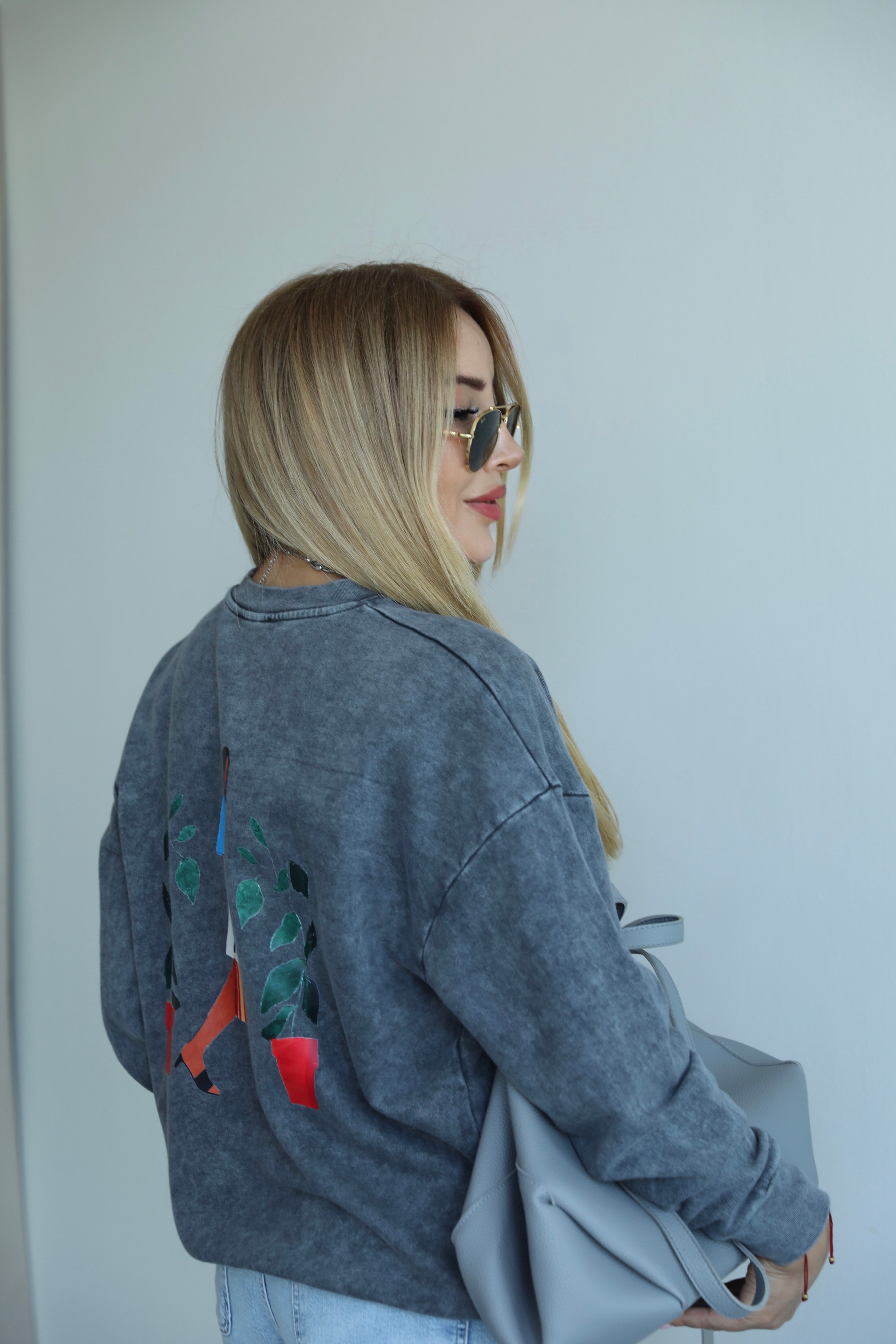 Antrasit Sırt Baskılı Baskılı Sweat
