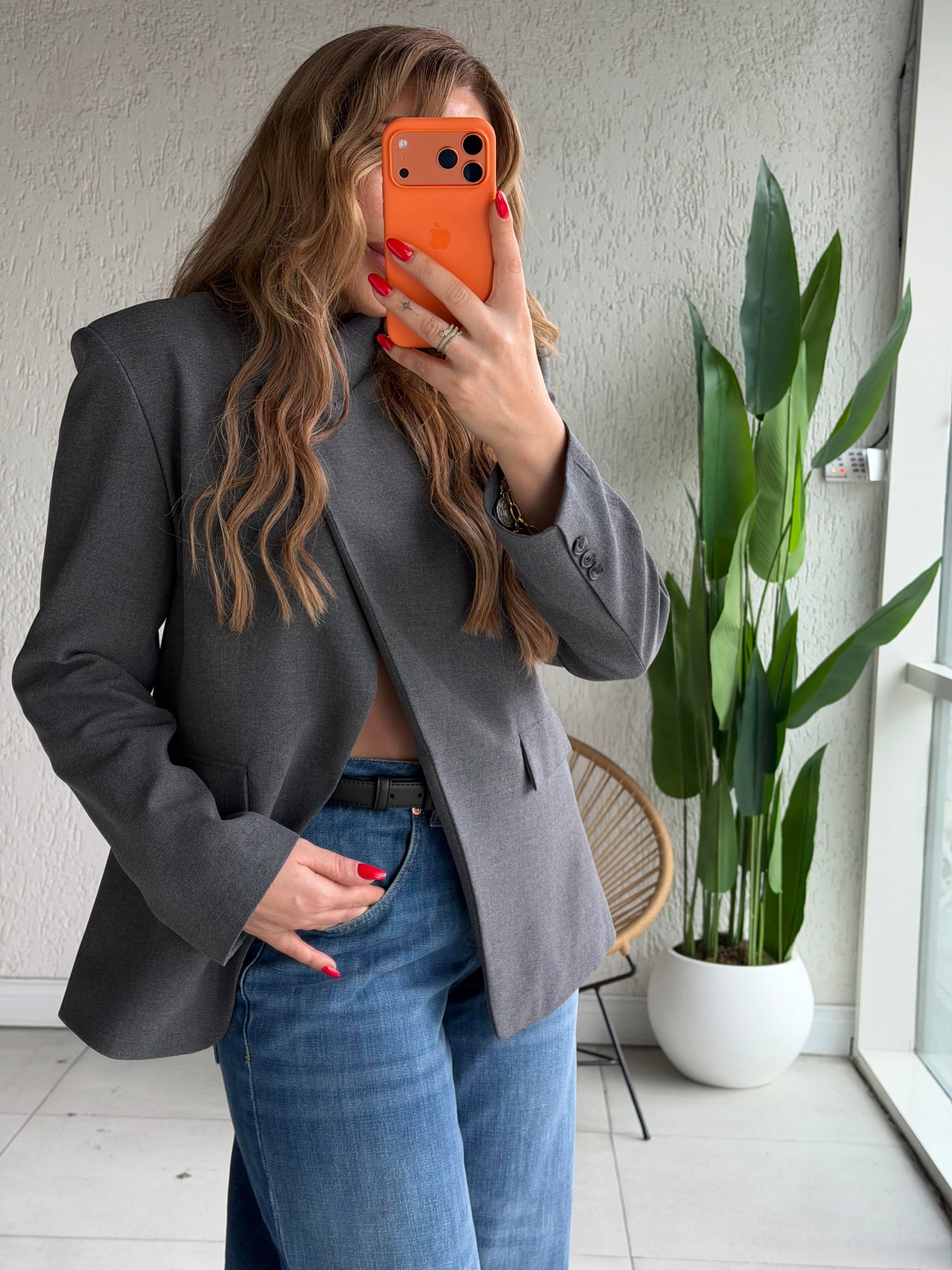 Antrasit Tek Düğmeli Tasarım Blazer Ceket