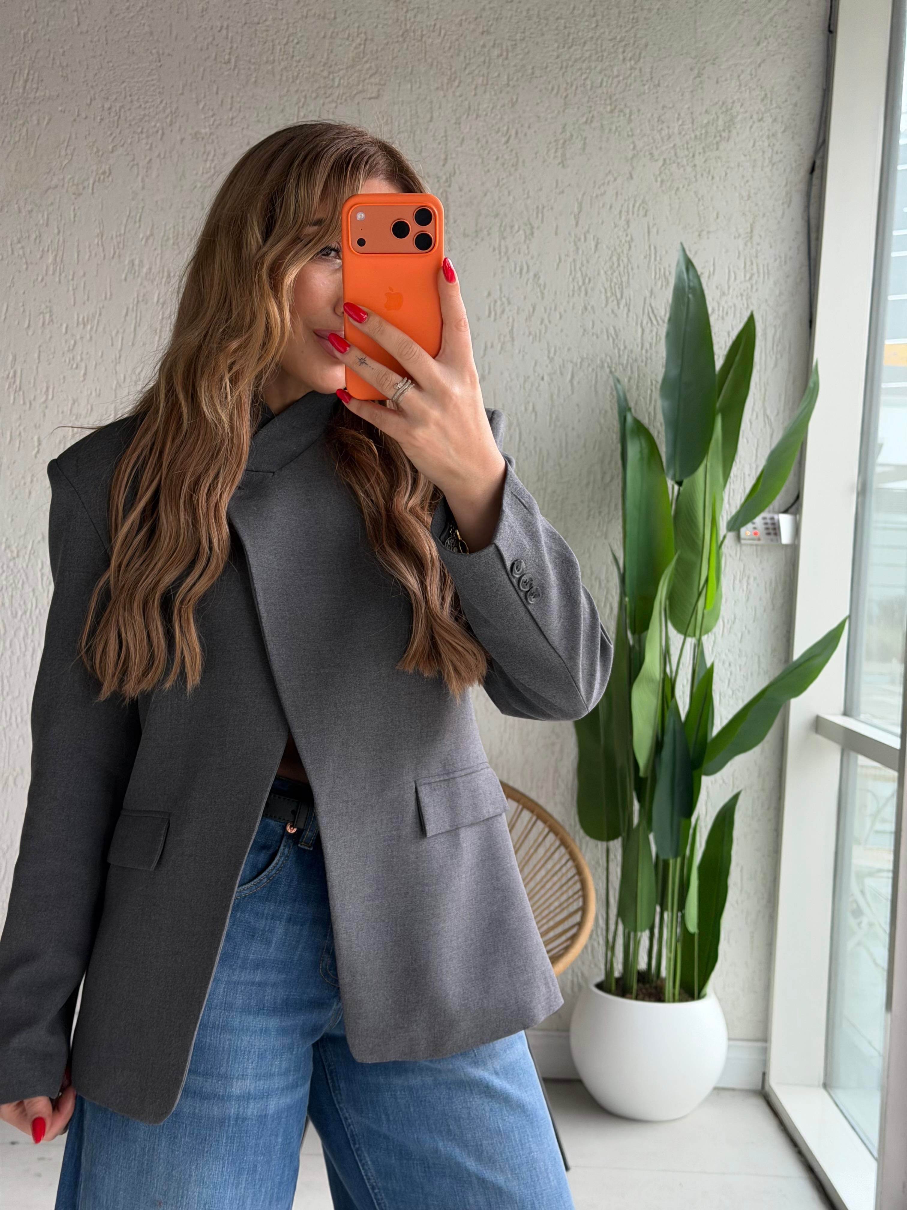 Antrasit Tek Düğmeli Tasarım Blazer Ceket