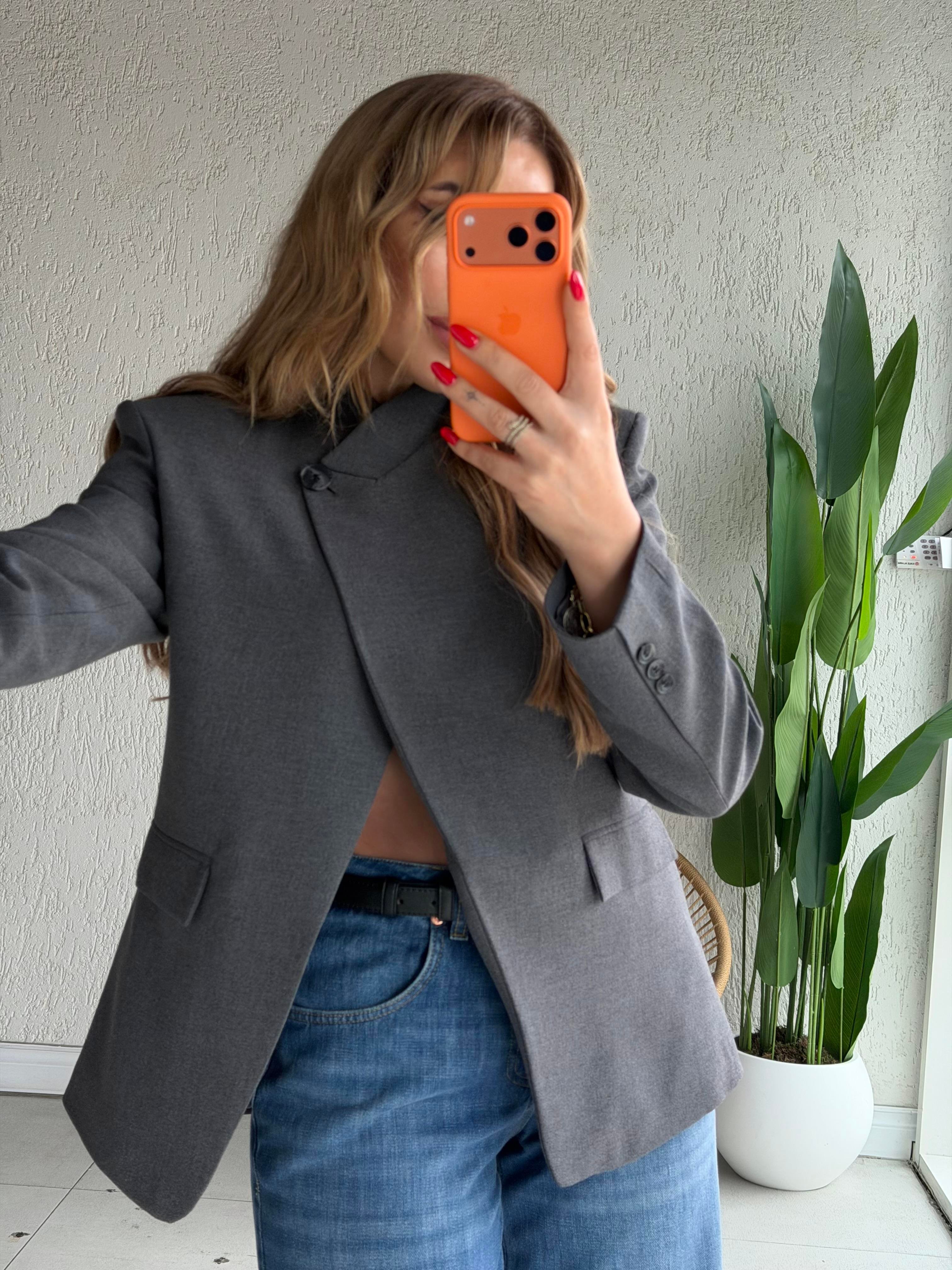 Antrasit Tek Düğmeli Tasarım Blazer Ceket