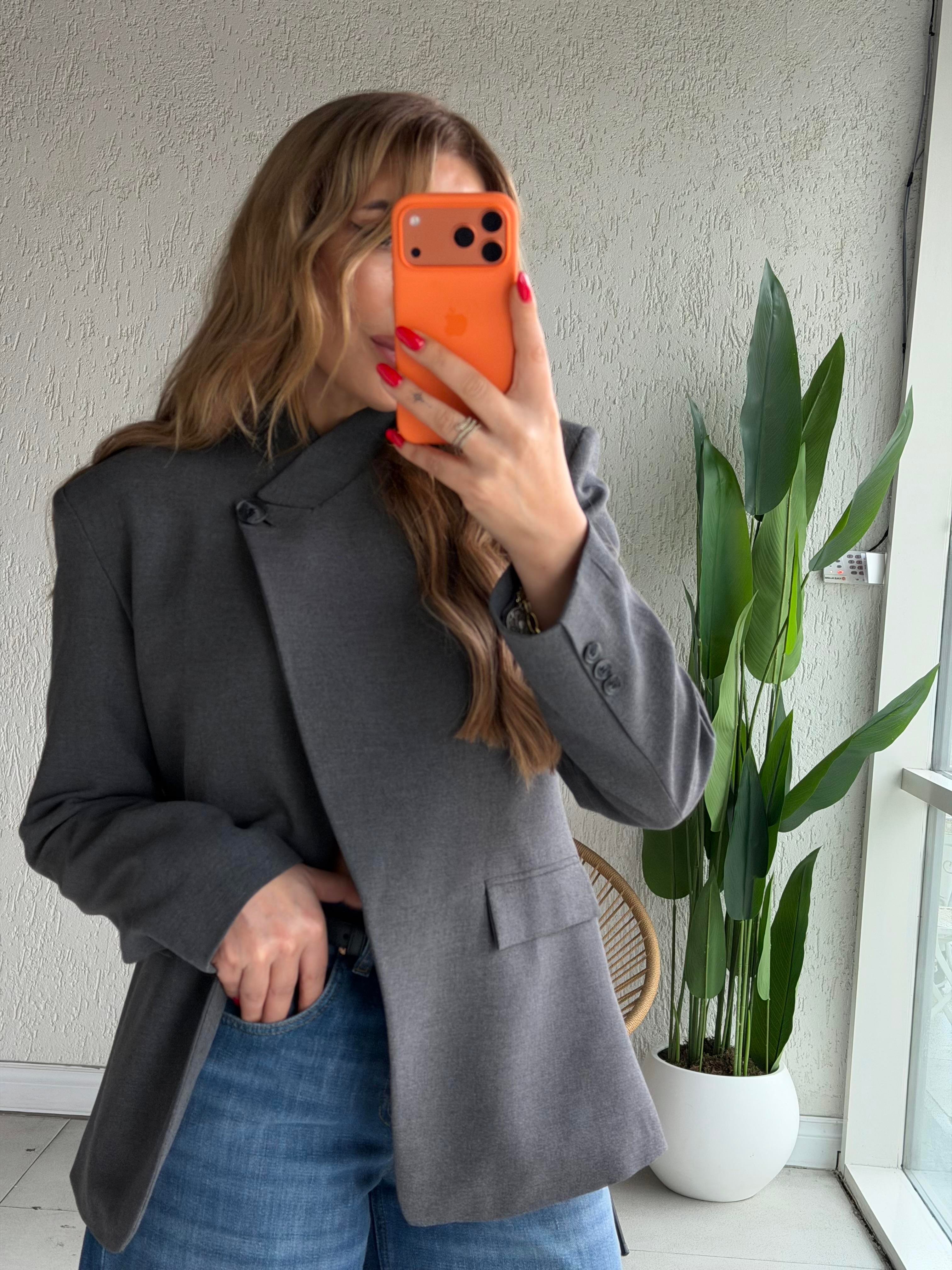 Antrasit Tek Düğmeli Tasarım Blazer Ceket