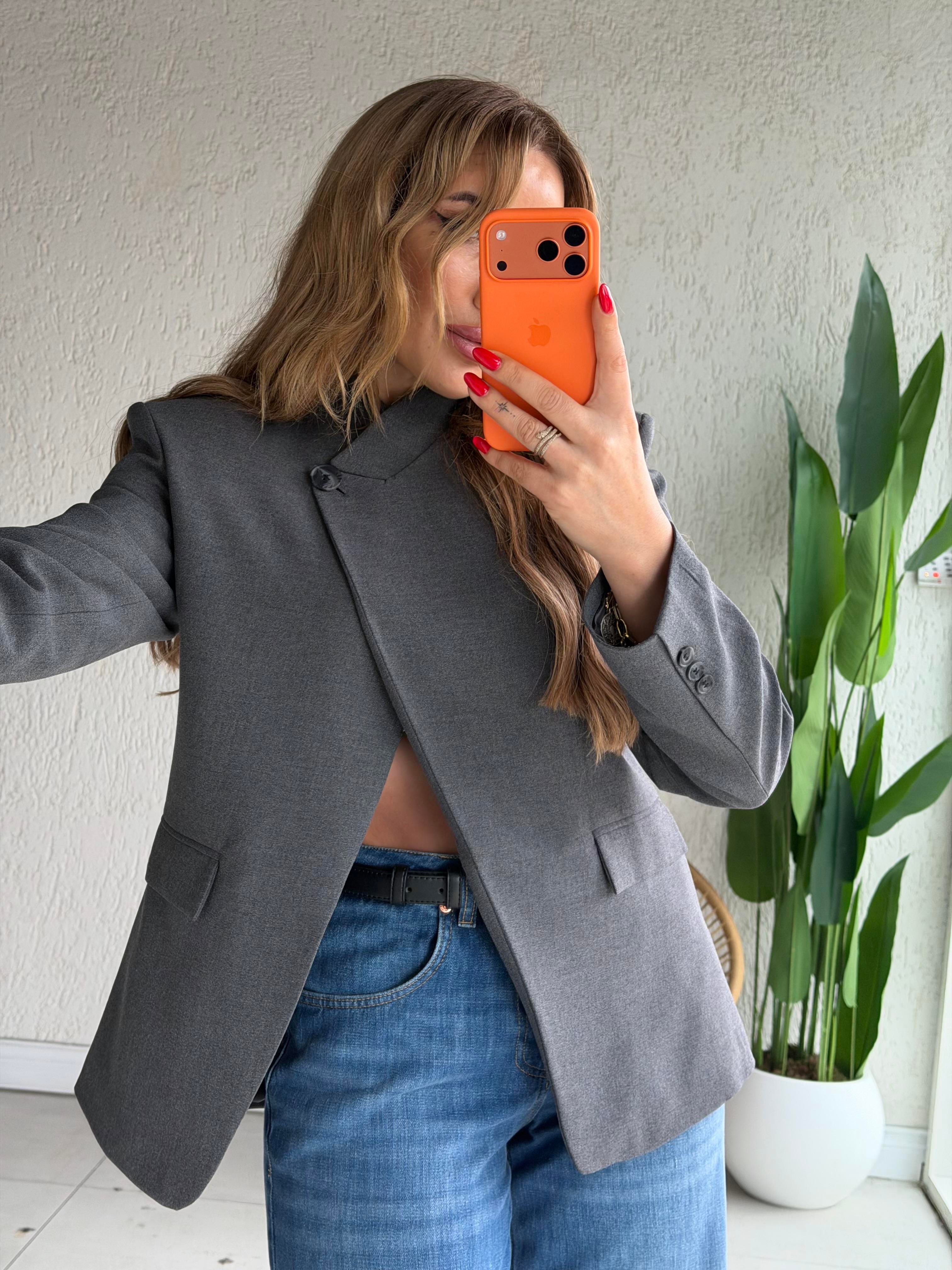 Antrasit Tek Düğmeli Tasarım Blazer Ceket