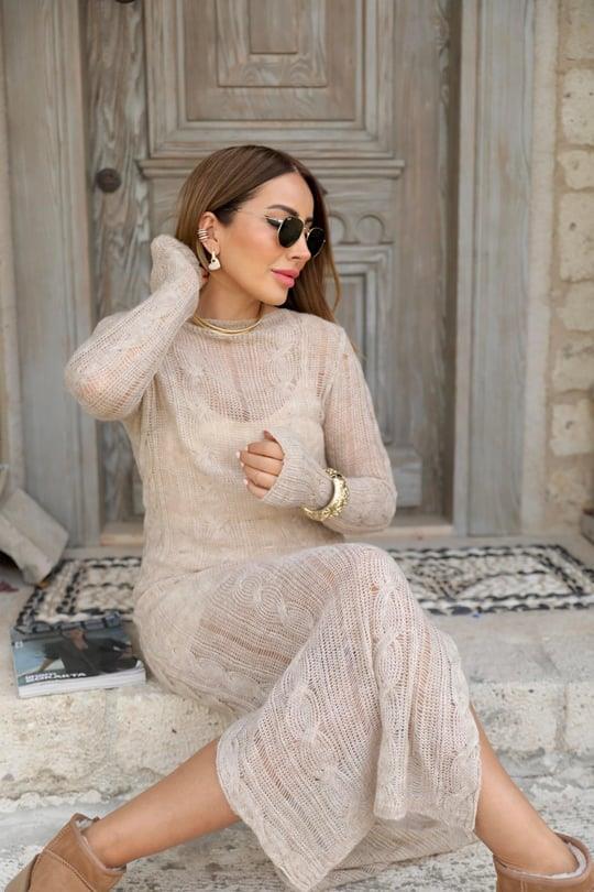 Bej Ajurlu Triko Elbise