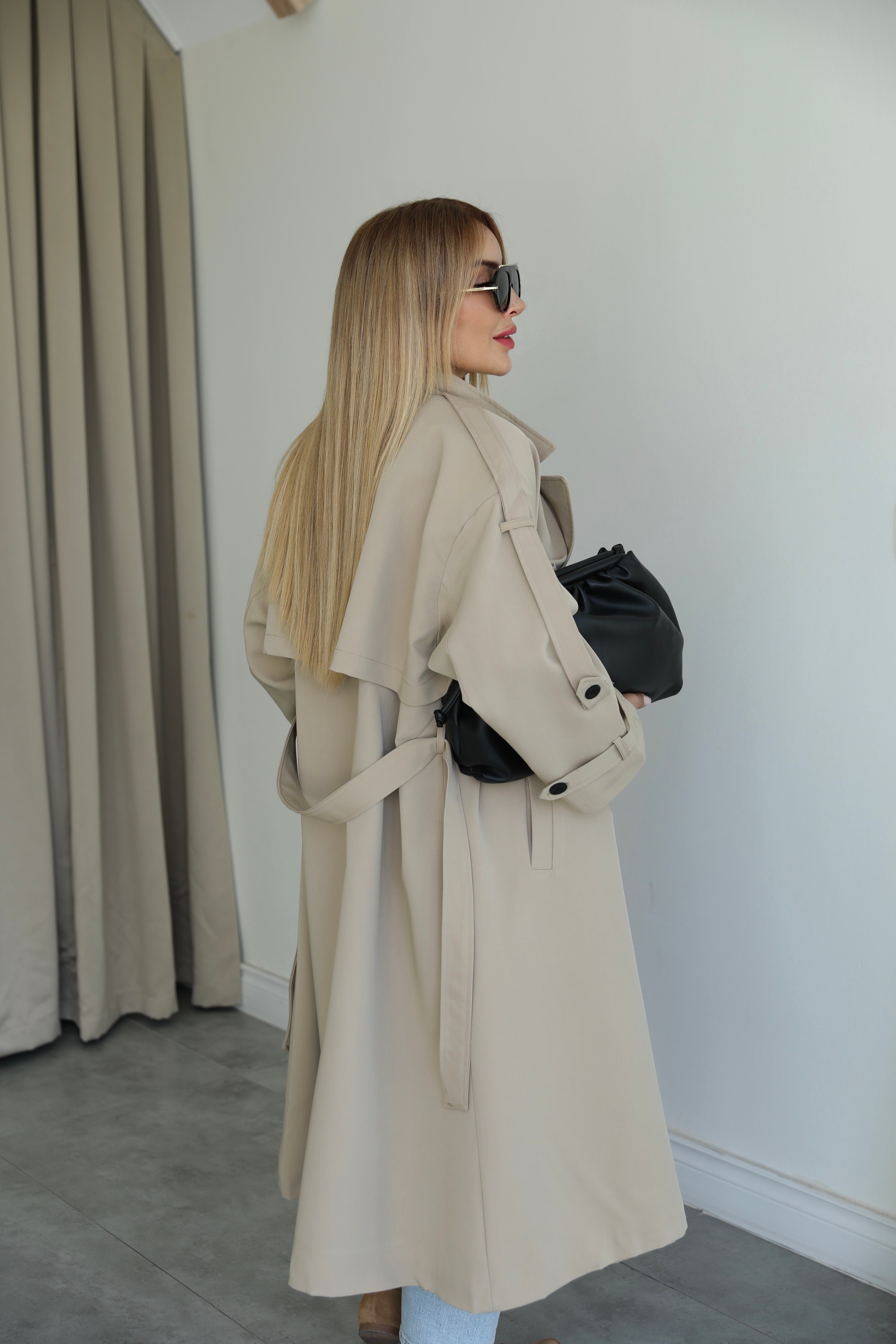 Bej Dokuma Oversize Trençkot