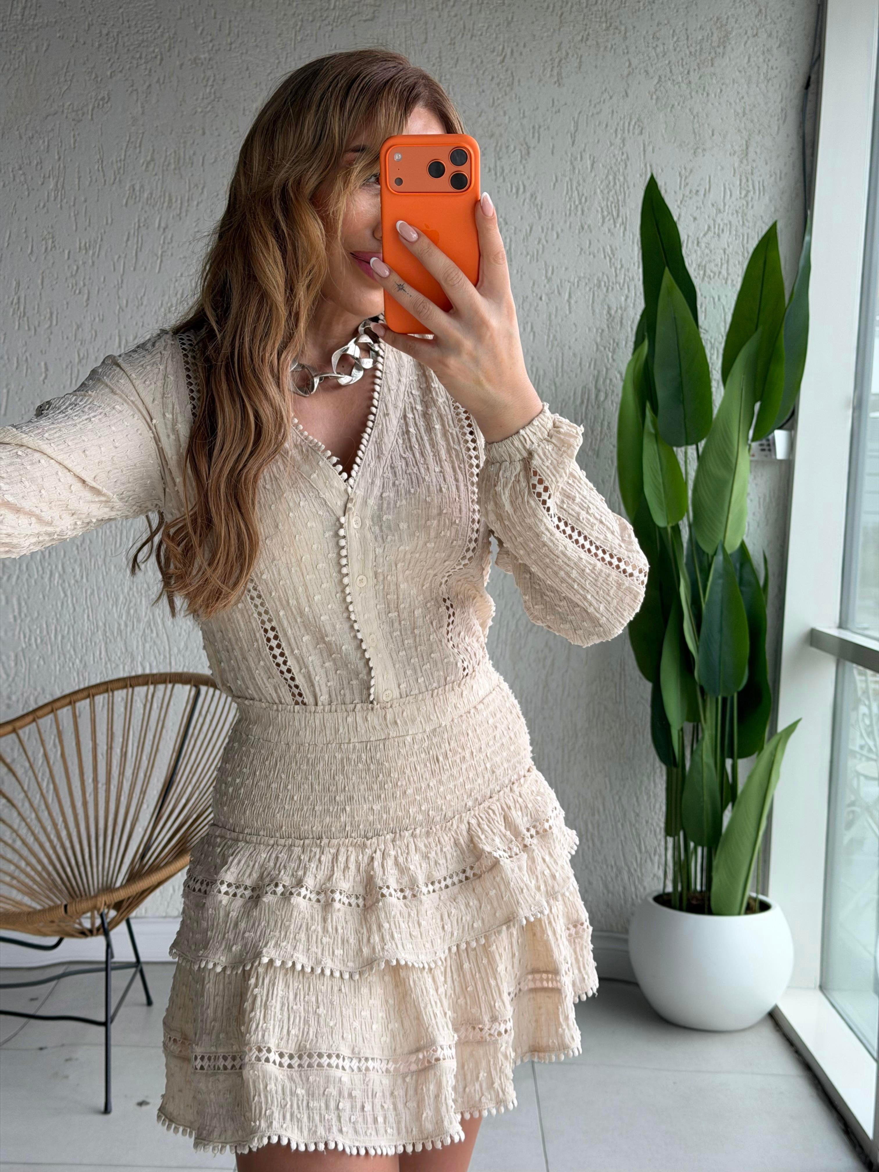 Bej Katlı Keten Etek