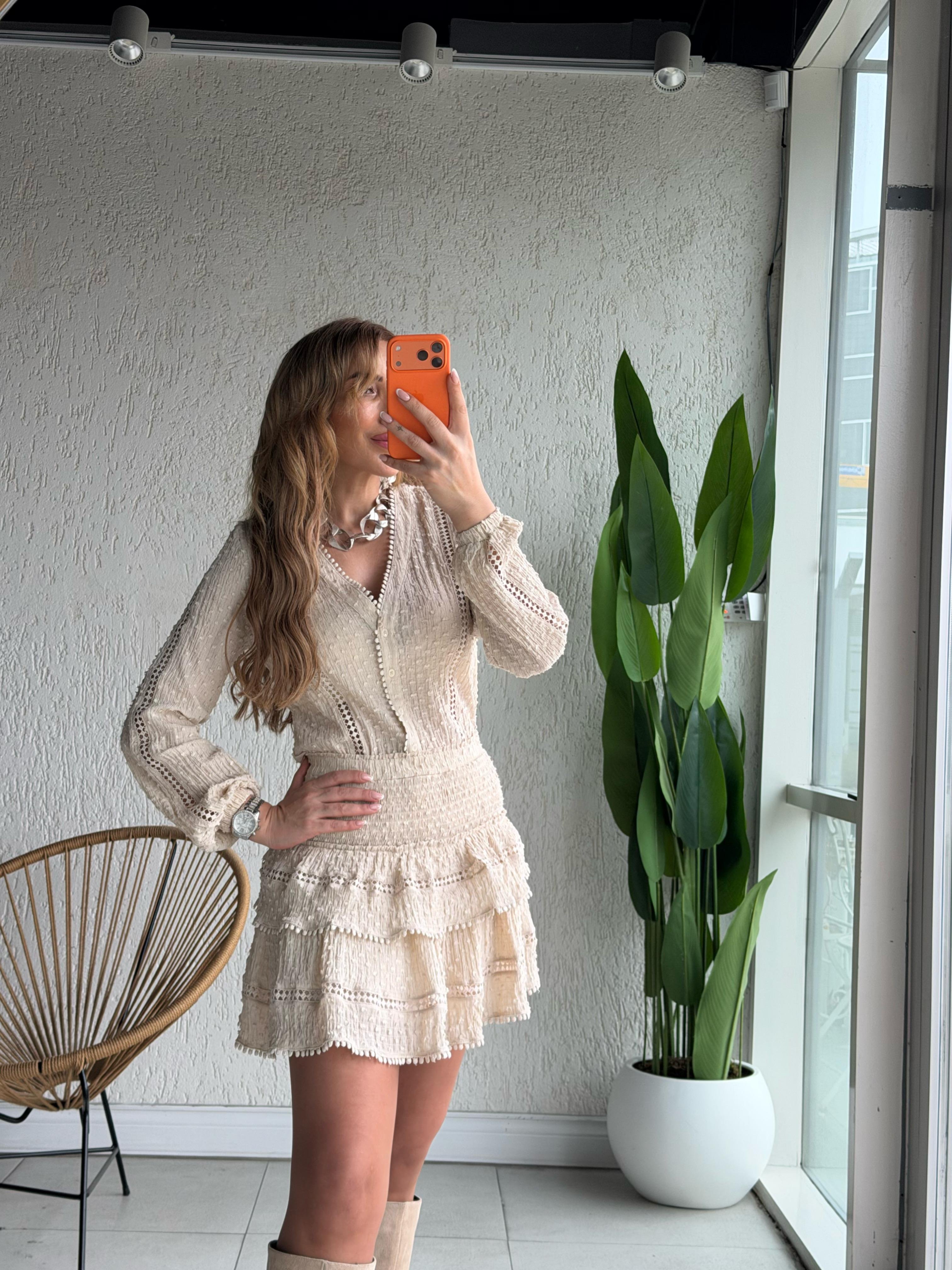 Bej Katlı Keten Etek