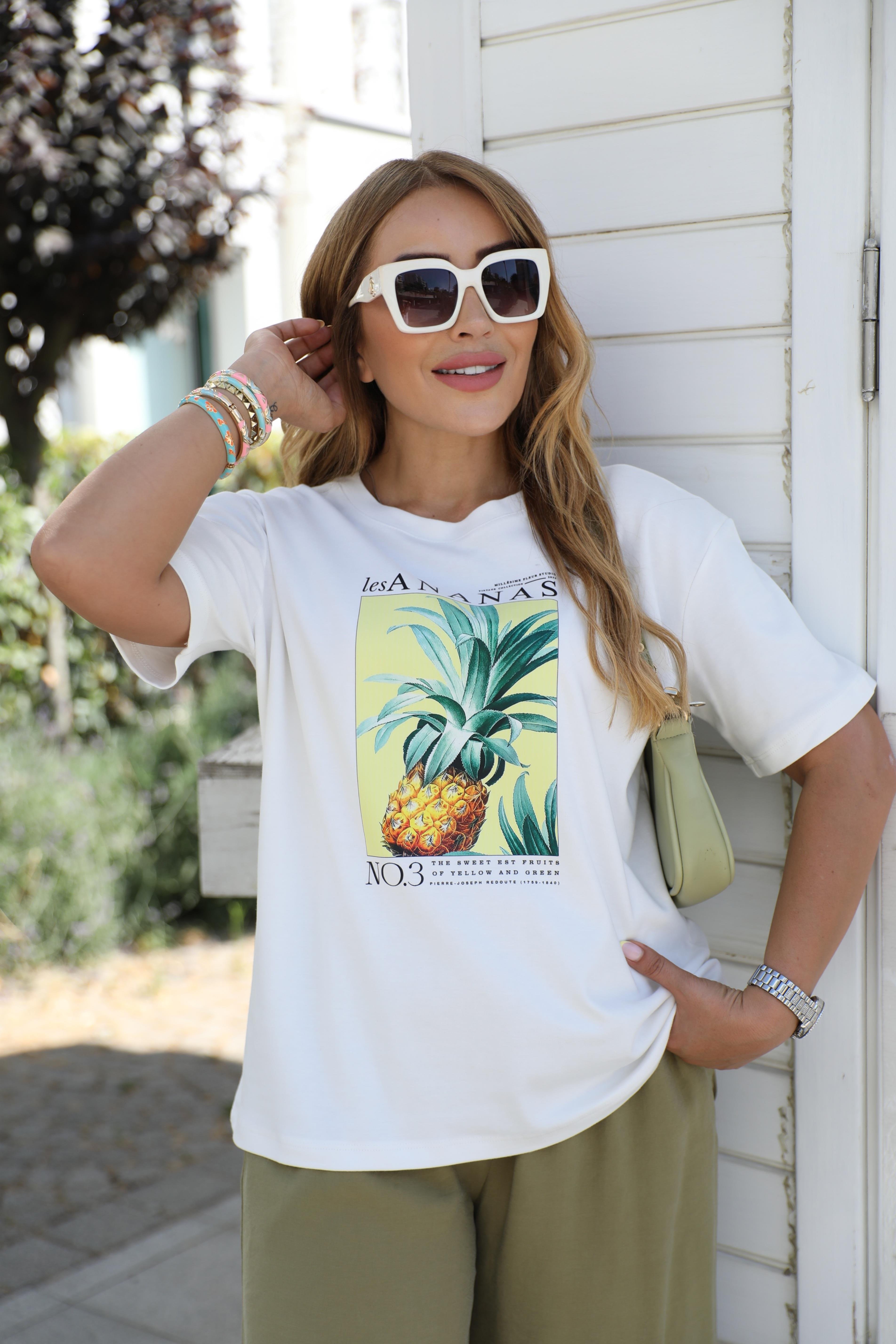Beyaz Ananas Baskılı T-shirt