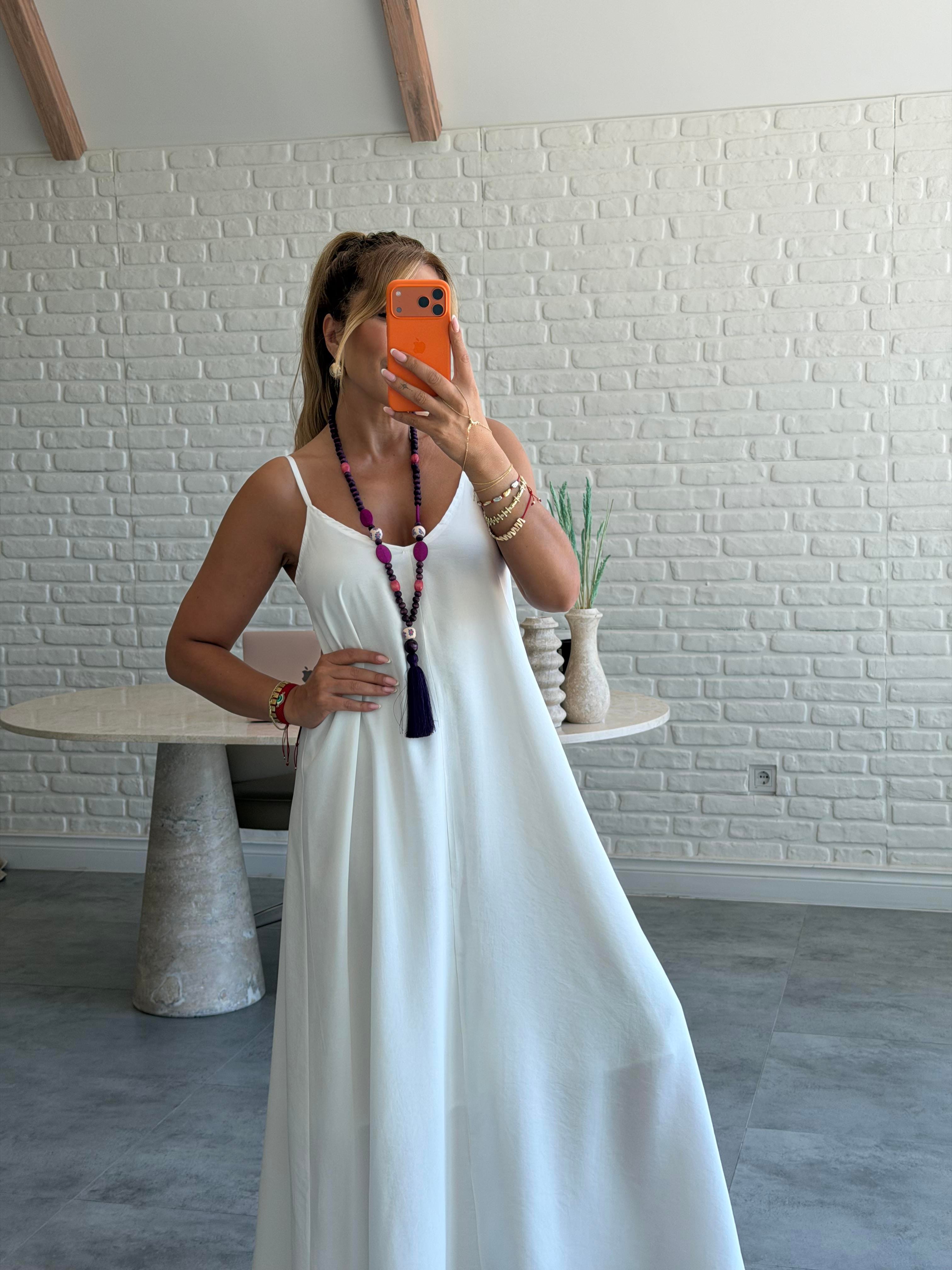 Beyaz Askılı Maxi Çan Elbise