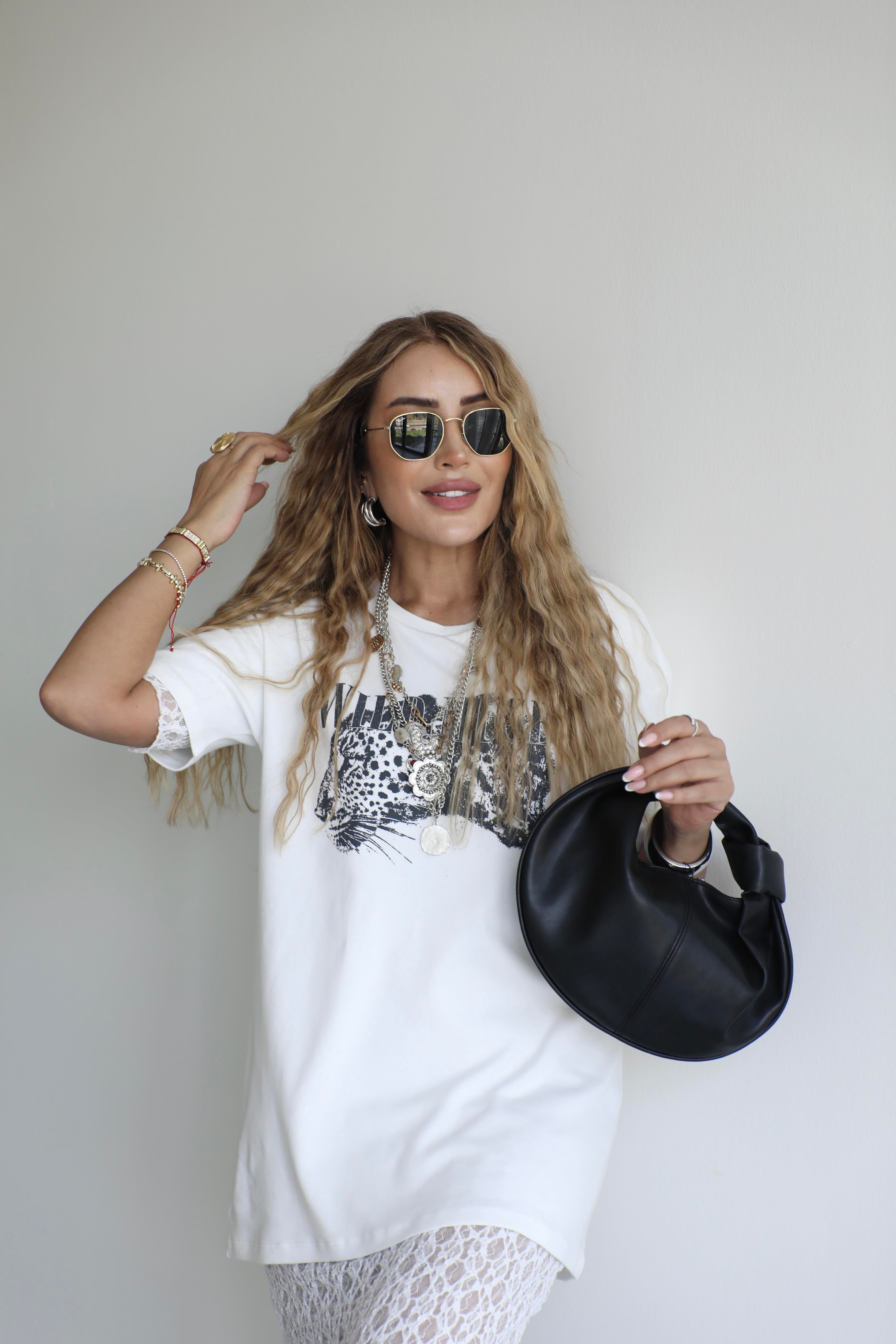Beyaz Baskılı Dantel Detaylı T-shirt Elbise