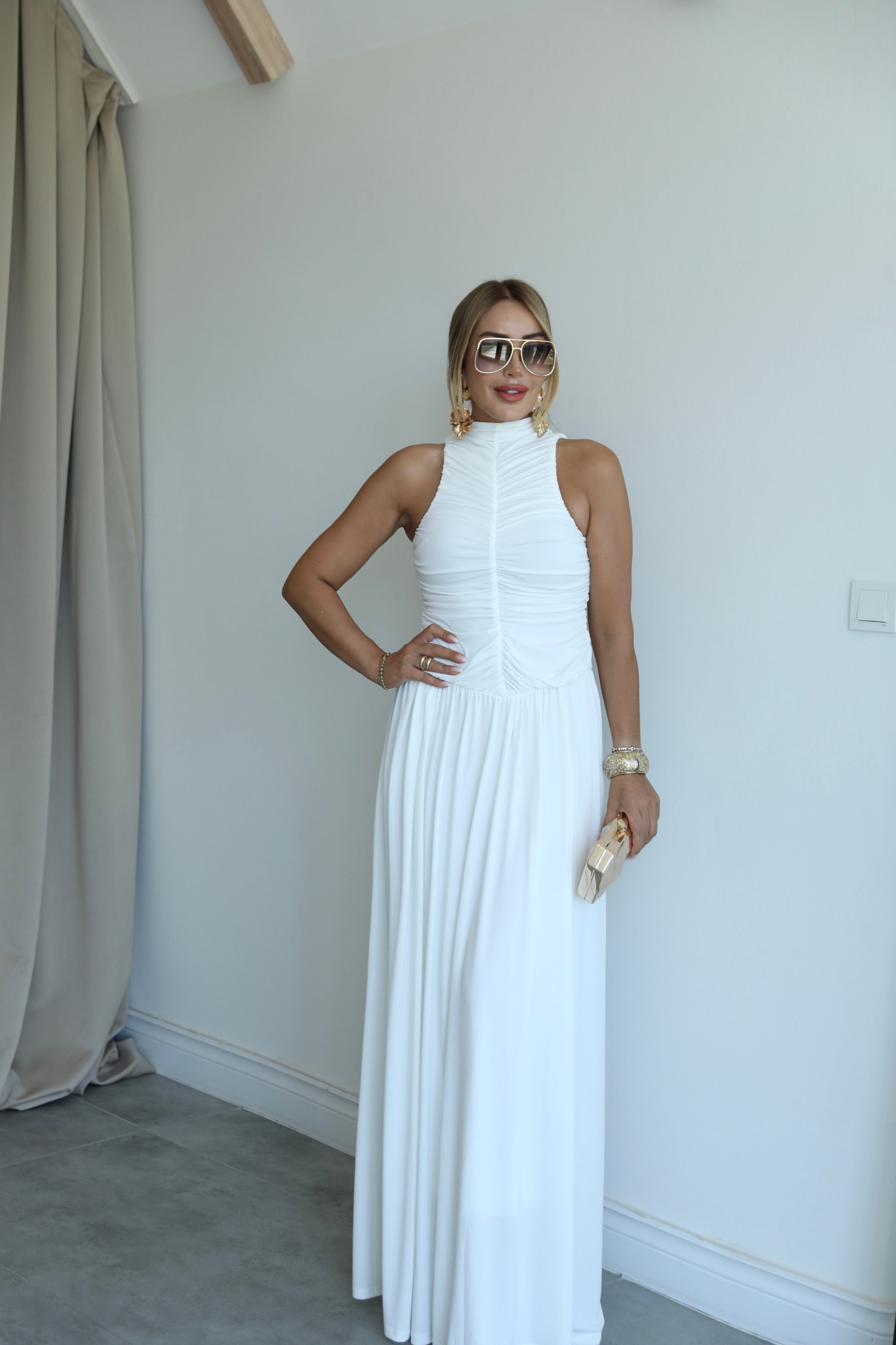 Beyaz Hellen Drapeli Maxi Elbise 