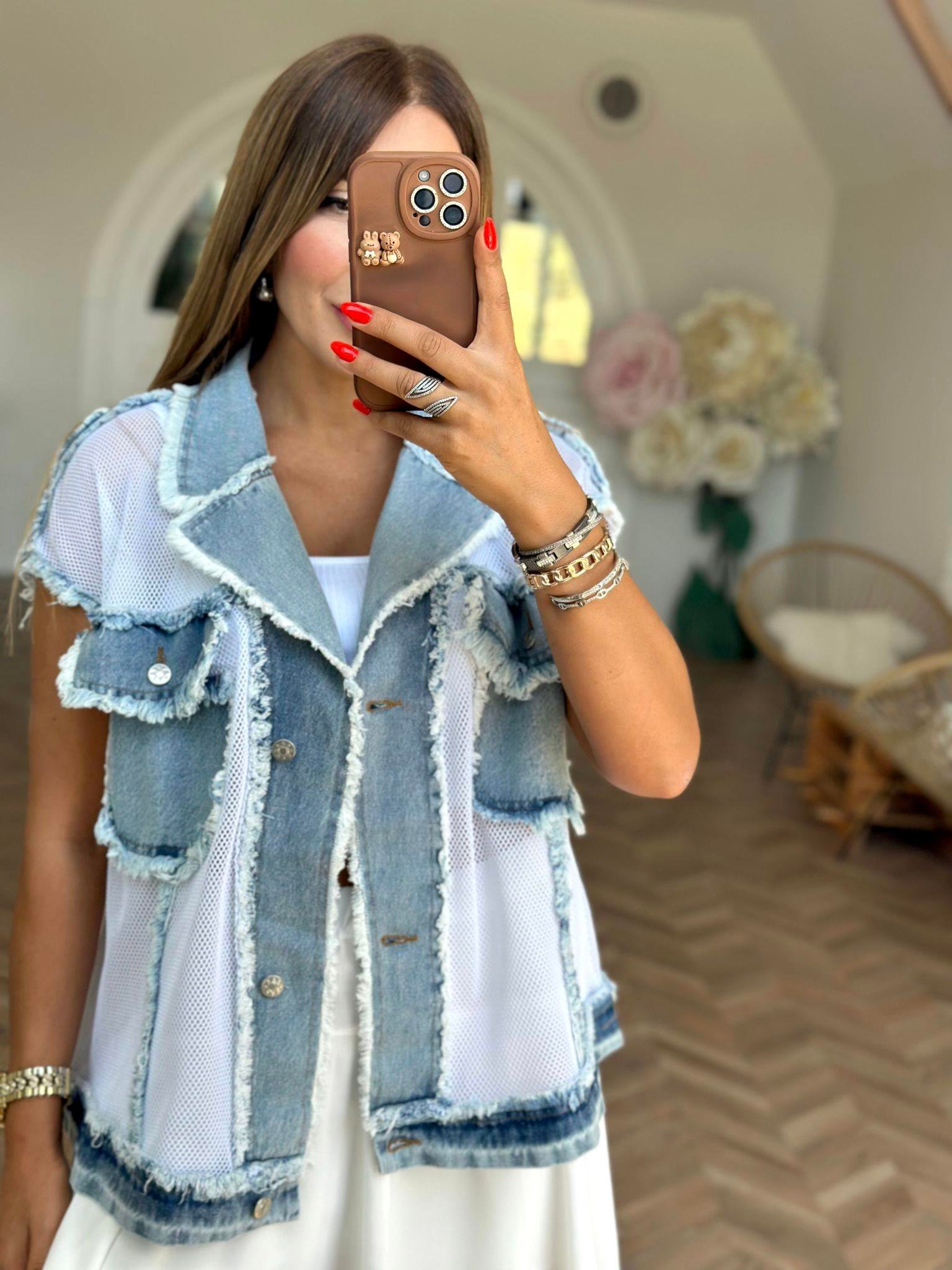 Beyaz Jean Detaylı File Yelek