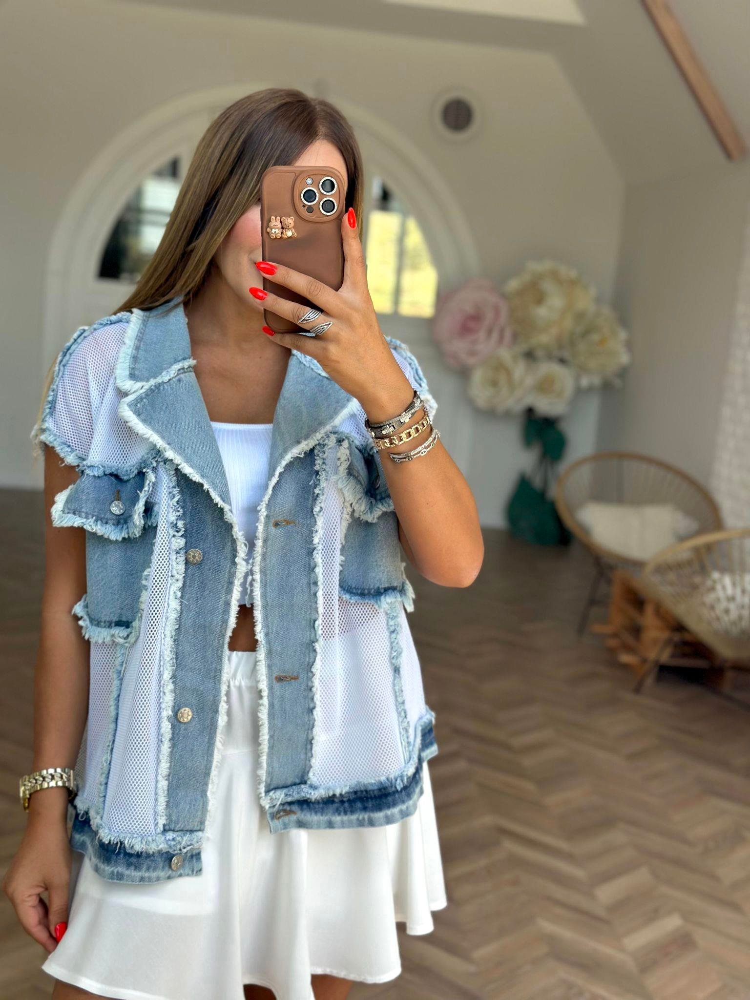 Beyaz Jean Detaylı File Yelek