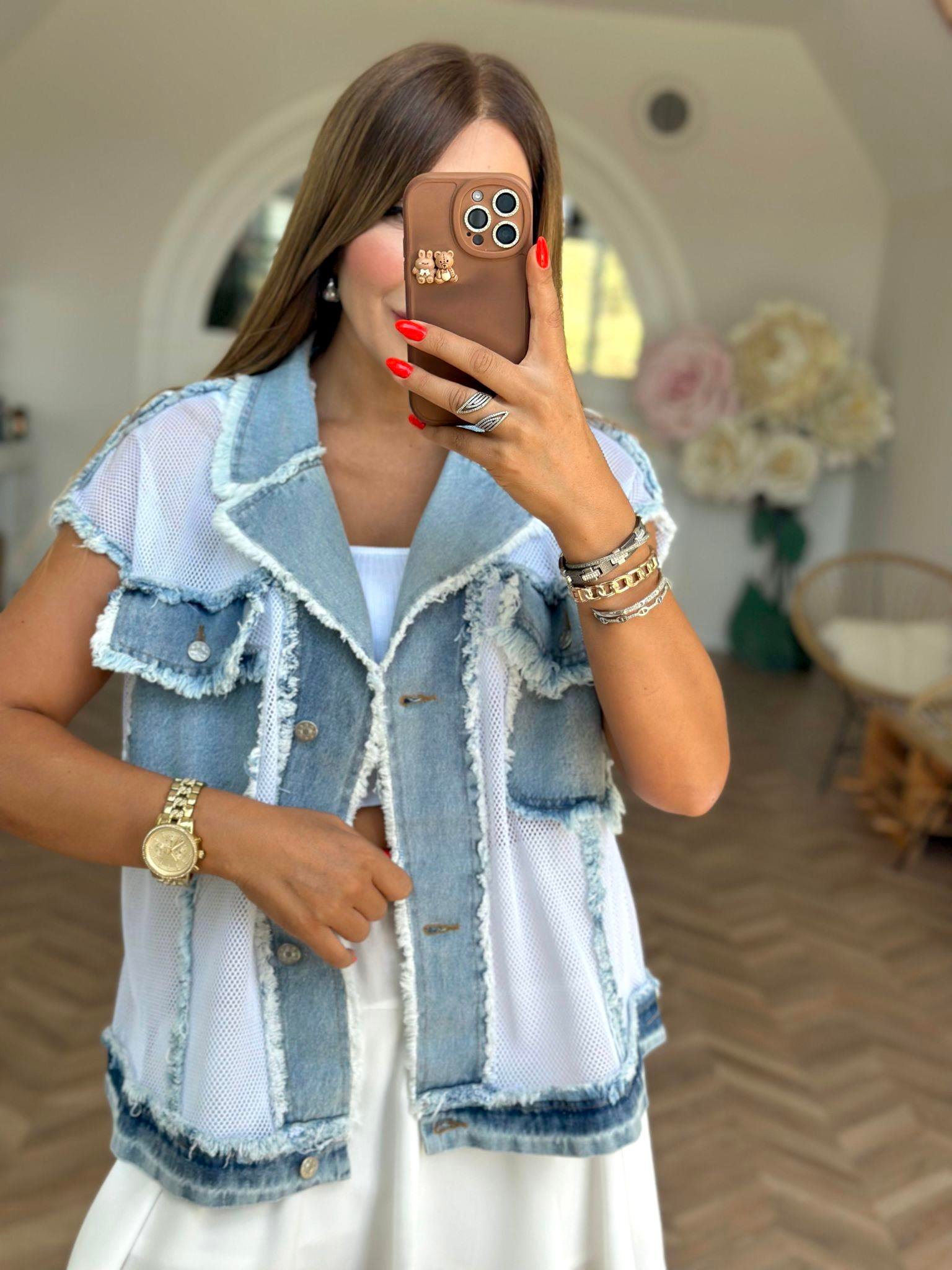 Beyaz Jean Detaylı File Yelek