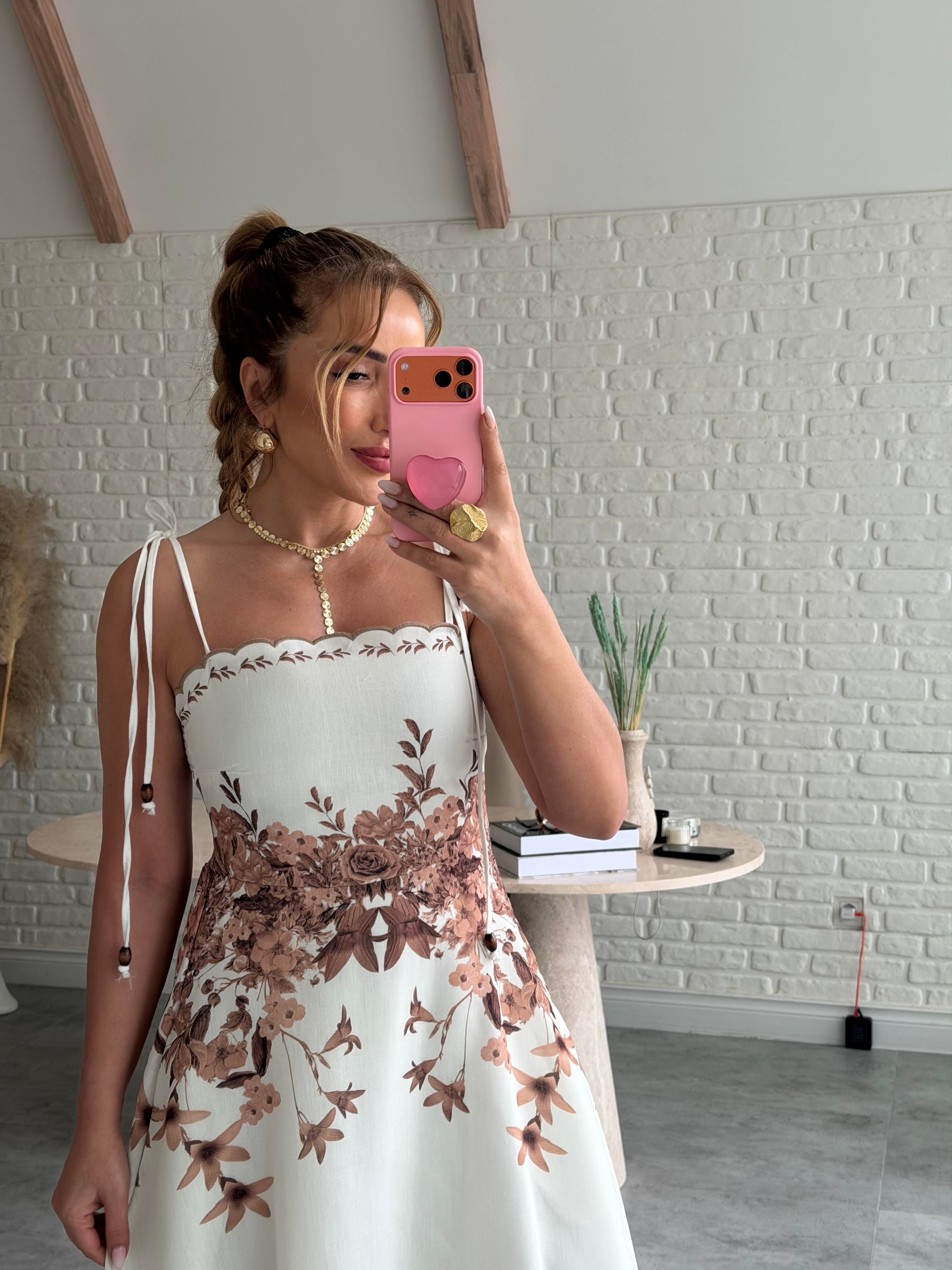 Beyaz Kahve Çiçekli Askıları Bağlamalı Keten Elbise