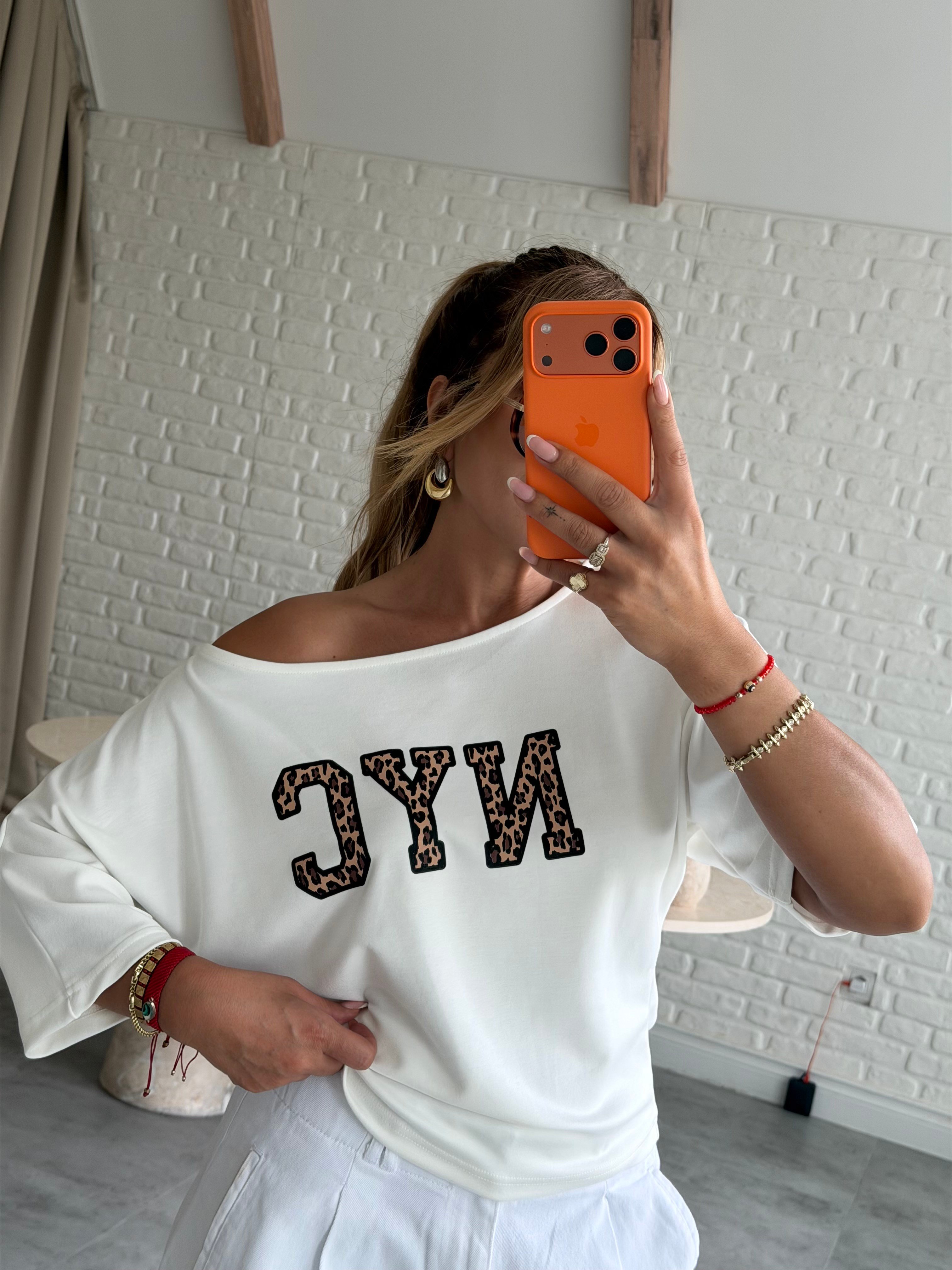 Beyaz NYC Baskılı T-shirt 