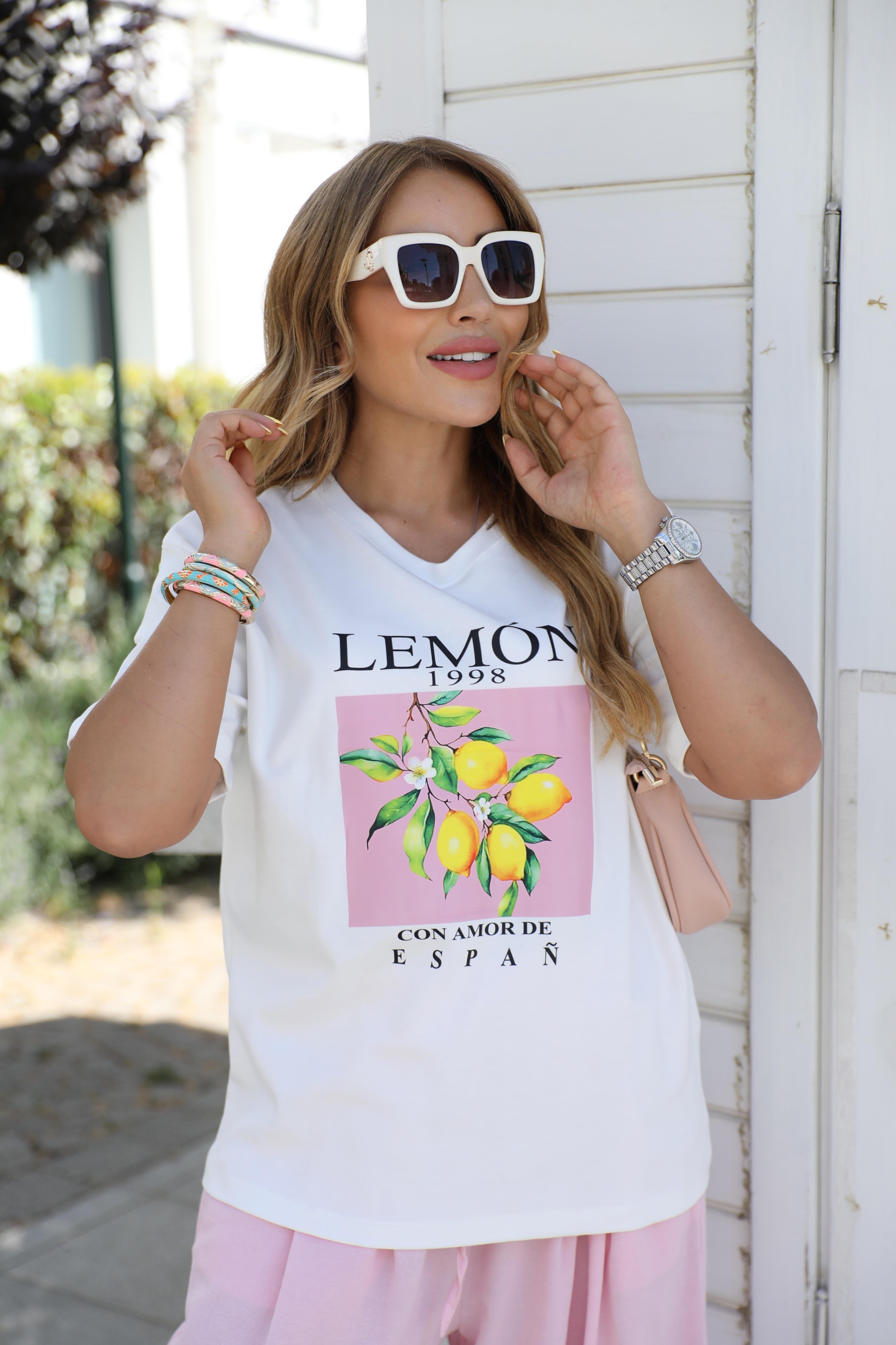 Beyaz Pembe Limon Baskılı T-shirt