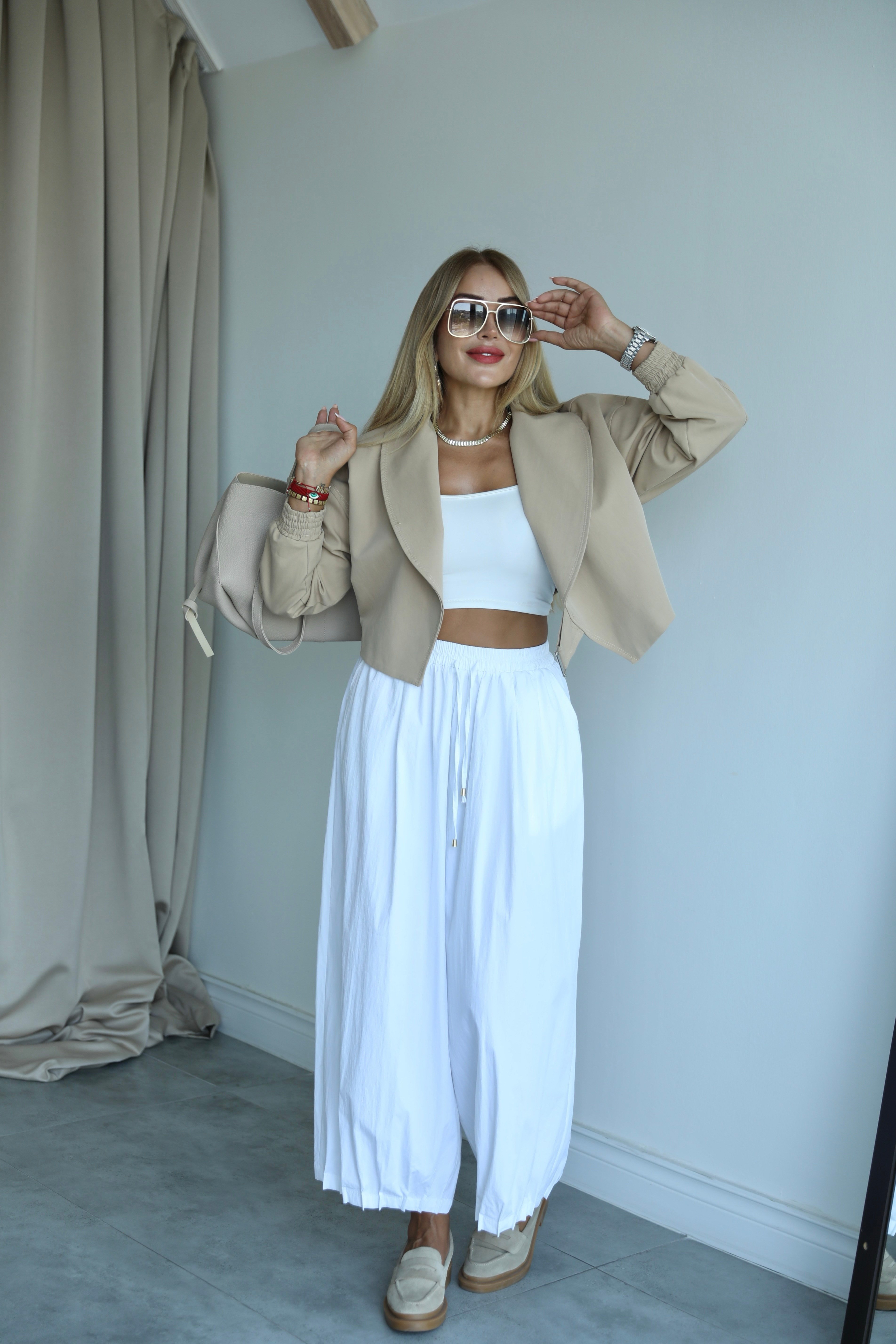 Beyaz Pileli Poplin Baggy Pantolon 