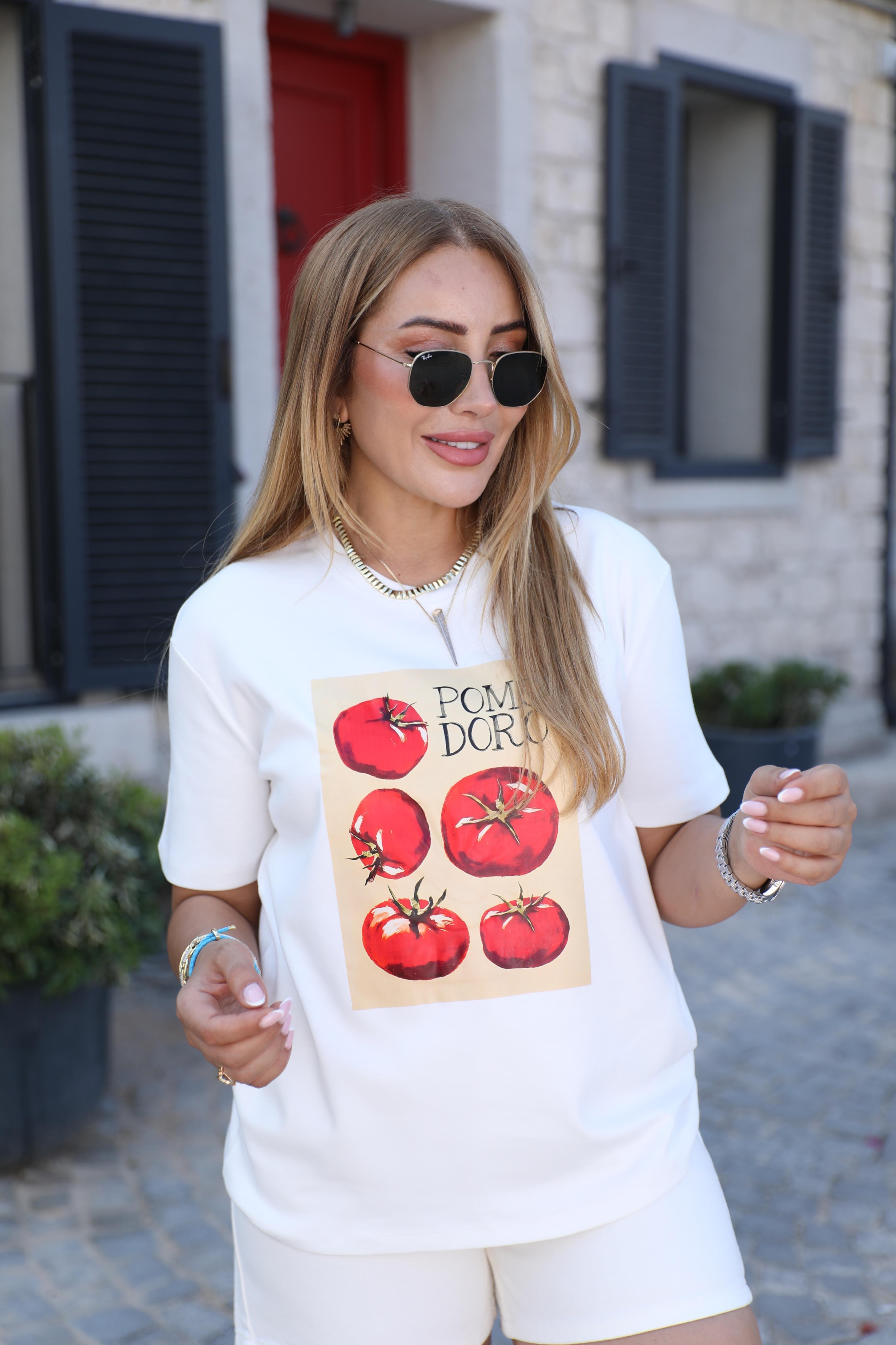 Beyaz Pomodo Baskılı T-shirt 